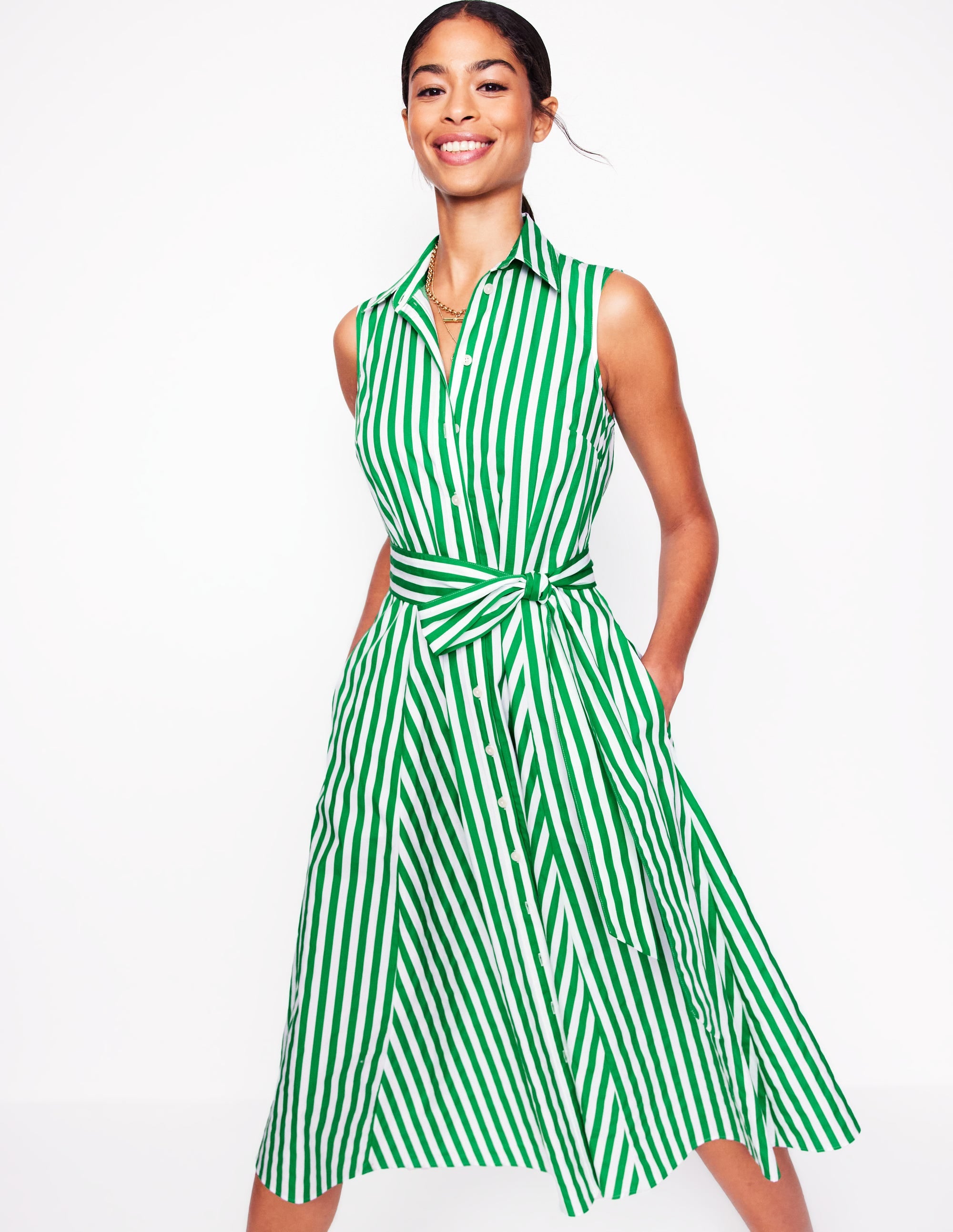 Amy Women's Sleeveless Shirt Dress - Rich Emerald Green Striped Casual Summer Dress for Beach, Office & Outdoor Activities