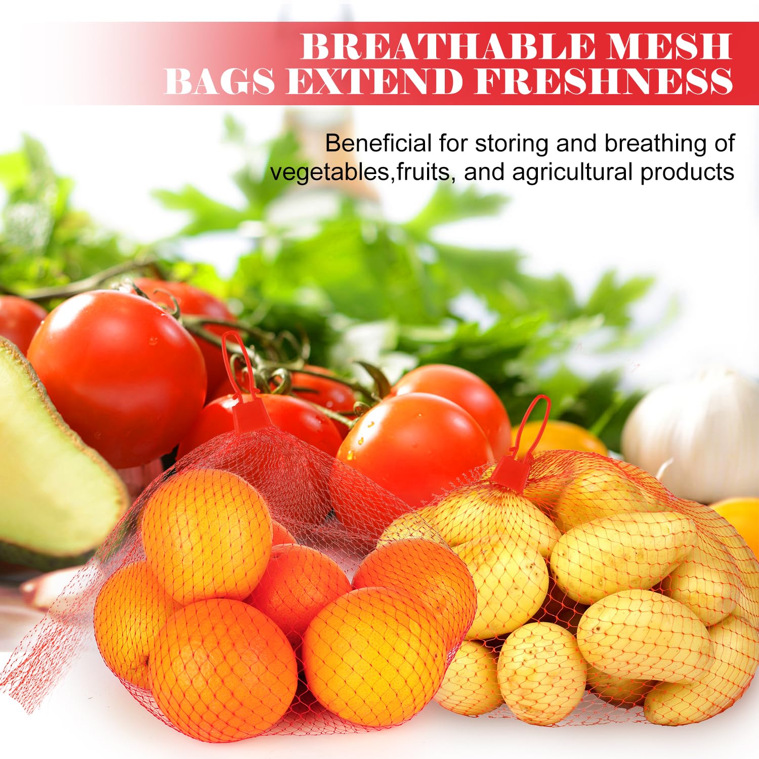 100 Pcs Reusable Mesh Produce Bags - 20 Inch Nylon Net Bags for Vegetables, Fruits & Seafood with 100 Drawstring Closures | Eco-Friendly Onion Storage Bags for Grocery Shopping, Farmers Market & Kitchen Organization