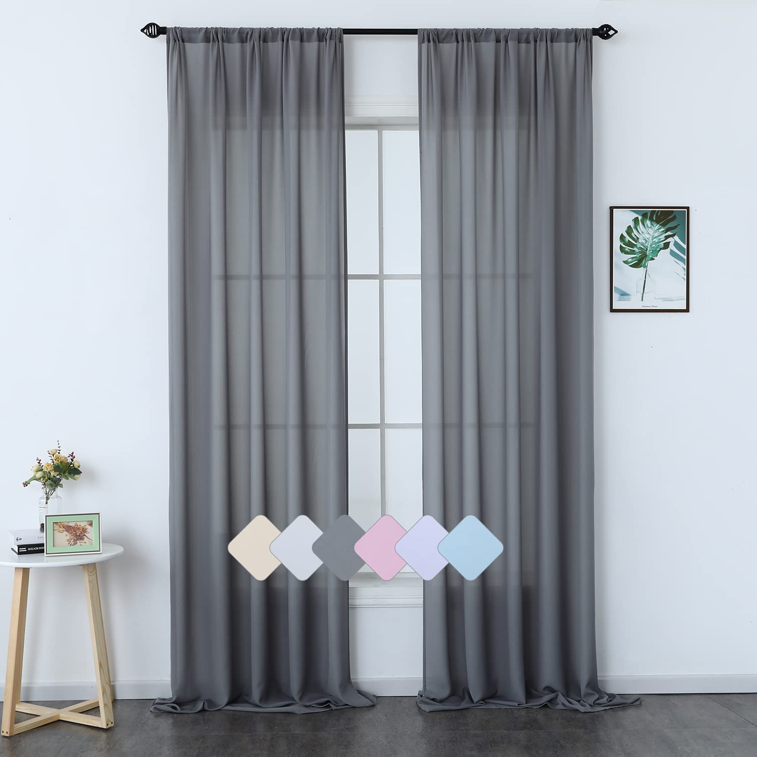 GoldyiTS Sheer Grey Voile Curtains - Rod Pocket Semi-Sheer Window Panels for Living Room & Bedroom (Set of 2, 52x54 Inches) - Light Filtering Drapes for Courtyard, Terrace, Villa & Home Decor