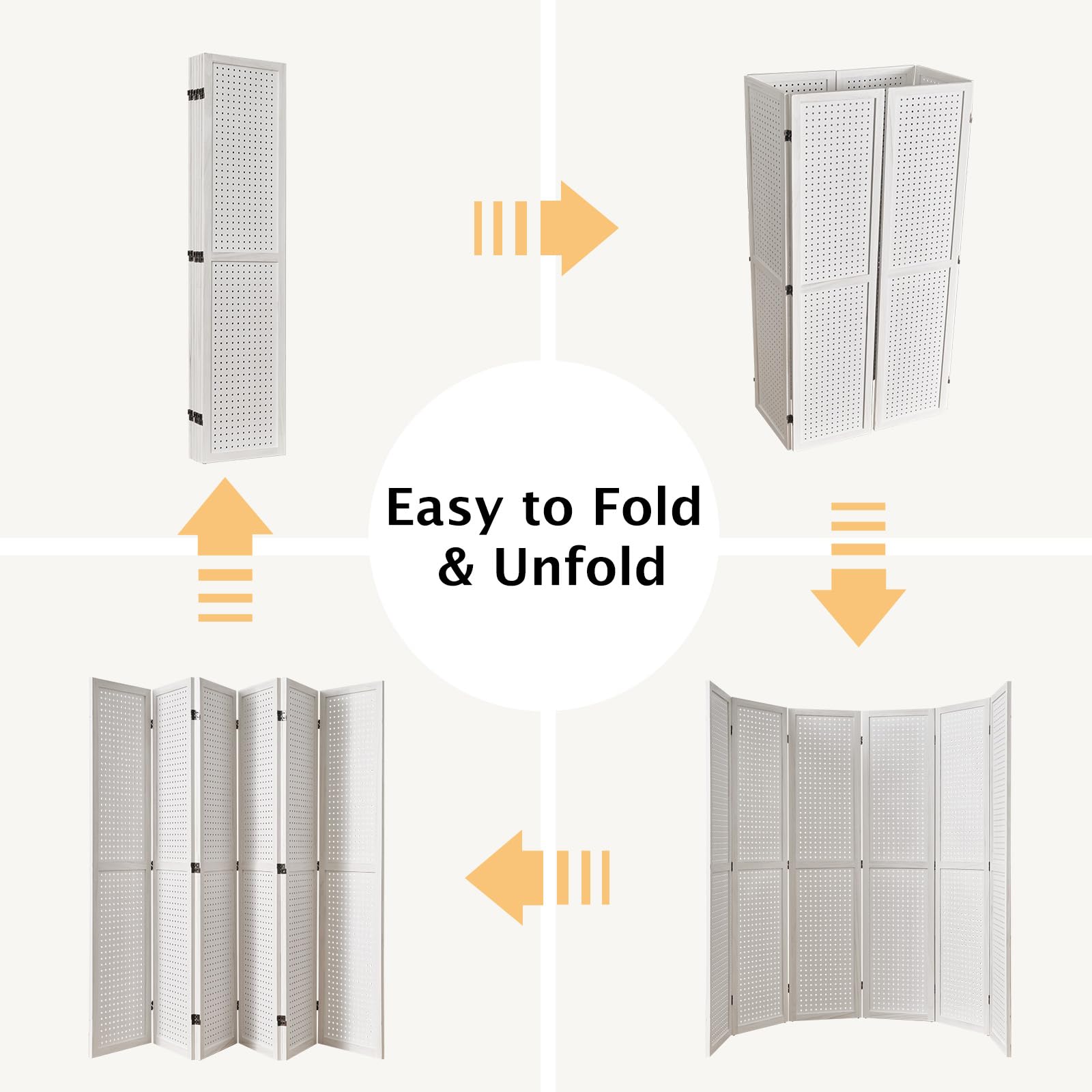 5.6Ft Wooden Room Divider & Pegboard Display - Folding Privacy Screen with 6 Panels, Portable Freestanding Wall Organizer for Retail, Craft & Art Display (White) - Perfect for Home Office, Classroom & Store Organization