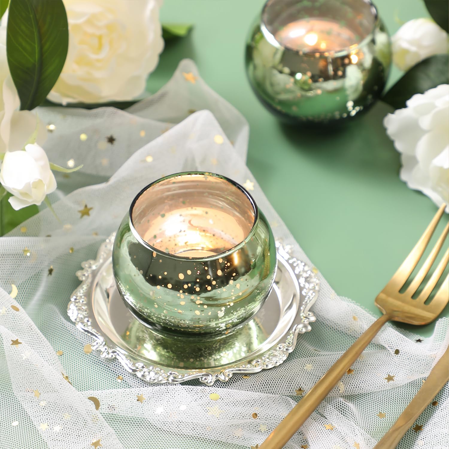 24-Pack Green Speckled Mercury Gold Glass Votive Candle Holders - Bulk Wedding Centerpiece Decor, Valentine's Day Party Supplies & Home Decor Accessories - Perfect for Table Settings, Romantic Dinners, and Holiday Celebrations