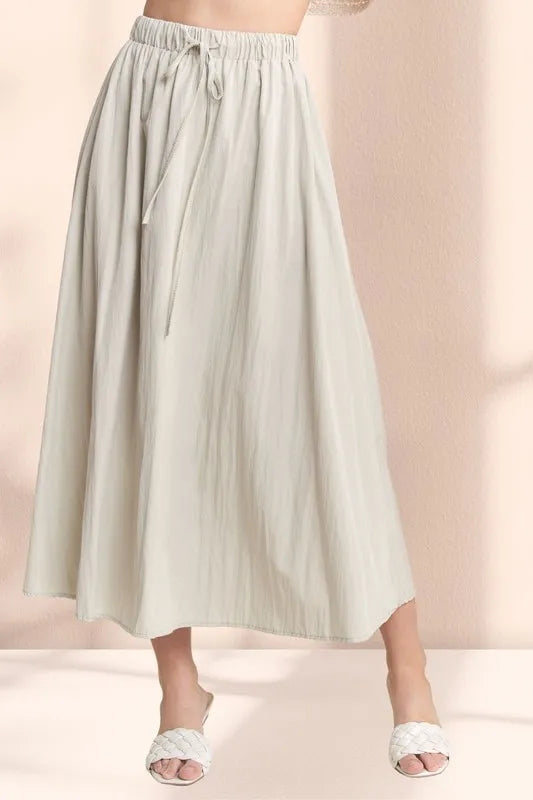ADORA Women's Drawstring Waist Crinkle Maxi Skirt - Boho Flowy Long Skirt for Summer, Beach, Vacation & Casual Outfits