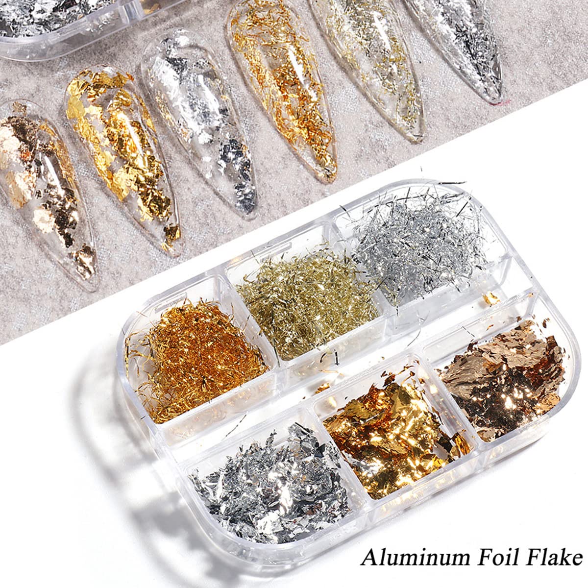 Holographic Glitter Nail Art Foil Flakes - 3D Sparkly Aluminum Foil Sequins for Nail Designs - Gold & Silver Irregular Strip Glitter for Acrylic Nails (6 Grids) - Perfect for Salon, DIY Manicure & Nail Art Enthusiasts