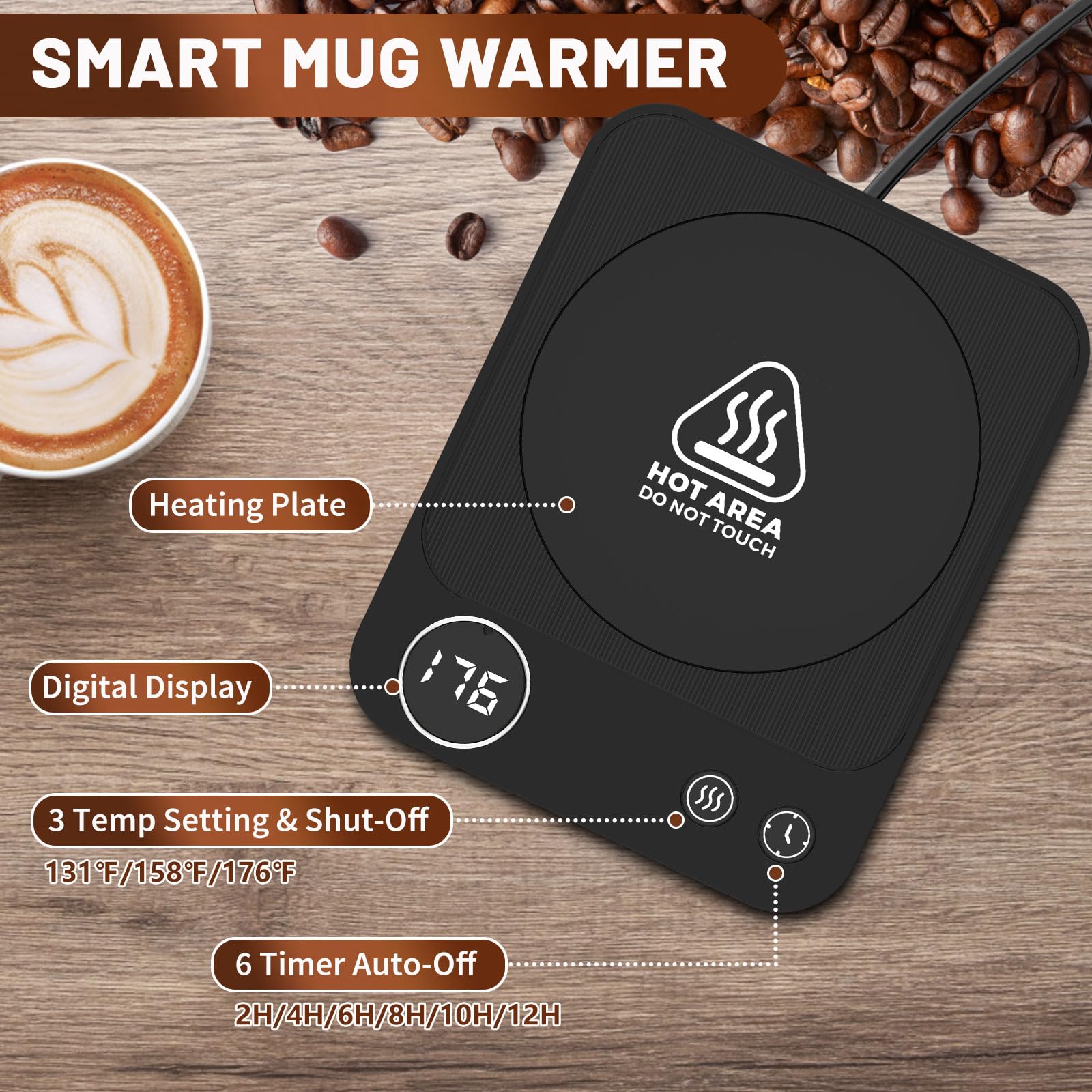 3-Temperature Smart Coffee Mug Warmer with Auto Shut Off & Digital Display - Electric Desk Warmer for Coffee, Tea, Hot Chocolate - Perfect for Office, Home & Travel Use (No Cup Included)