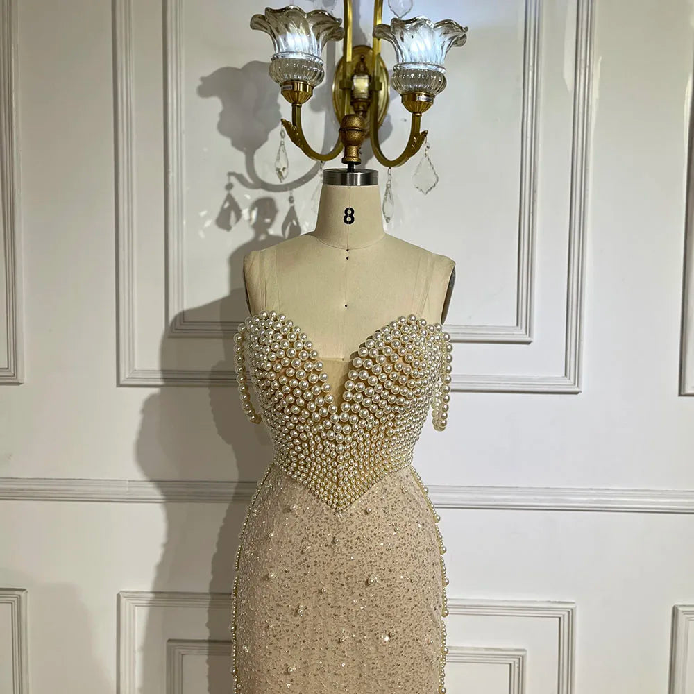 Elegant Nude Spaghetti Strap Mermaid Evening Dress with Beaded Pearls - Luxury Dubai Wedding Gown for Women - Perfect for Bridal Party, Prom, Red Carpet & Formal Events - LA72393
