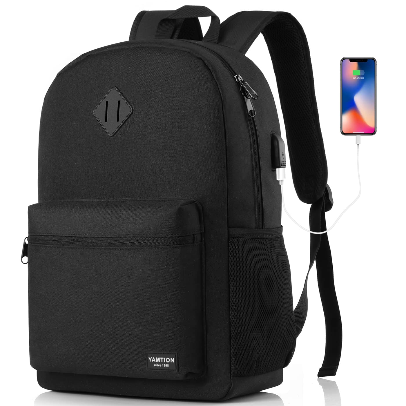 Stylish Black Backpack for Women & Men - 15.6 Inch Laptop Bookbag with USB Charger Port | Water-Resistant School Backpack for College, High School Students | Perfect for Travel, Work & Daily Commute