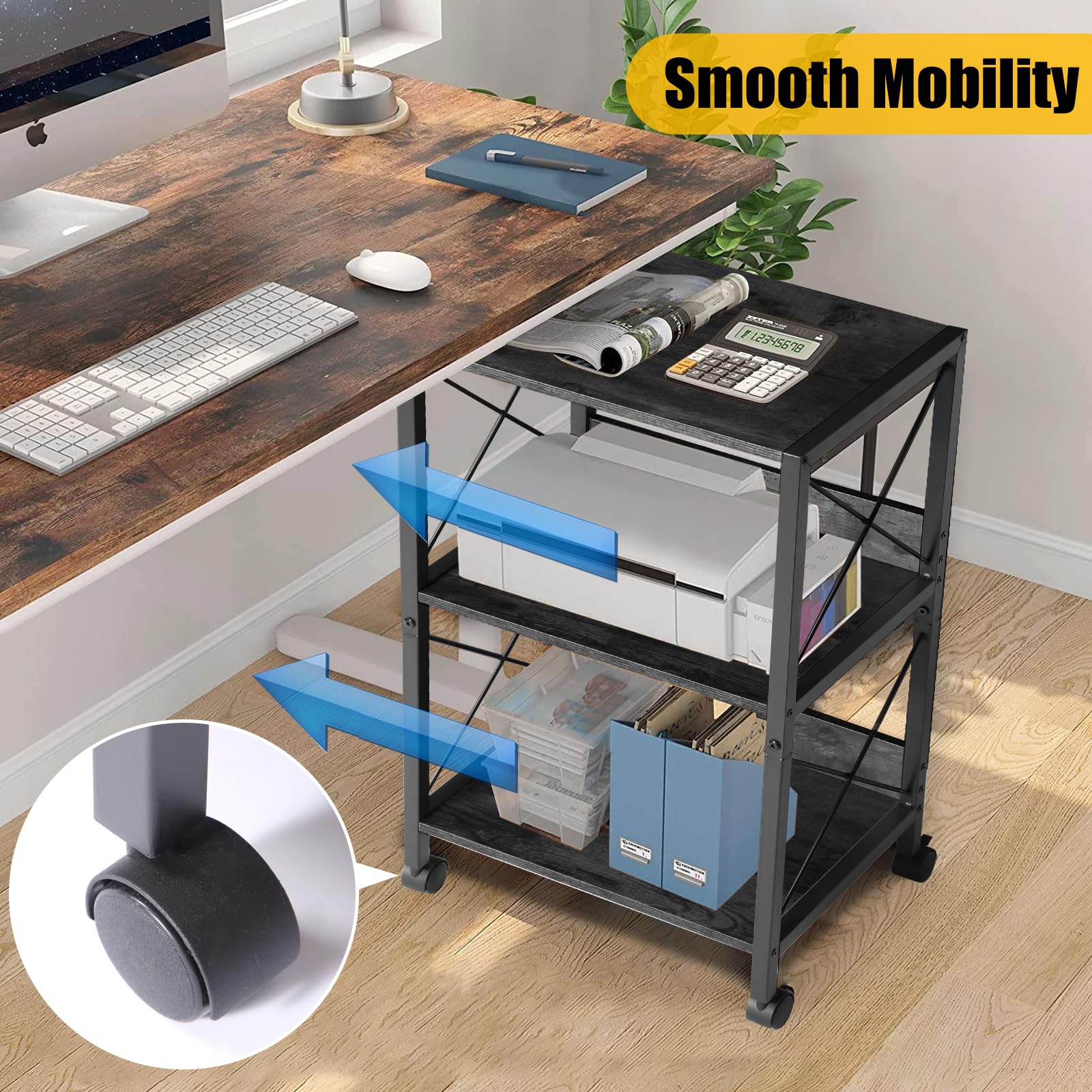 TooCust 3-Tier Rolling Printer Stand with Storage Shelf - 17x13x30 Inches, Mobile Printer Cart for Home Office, Black - Perfect for Organizing Printers, Scanners & Office Supplies