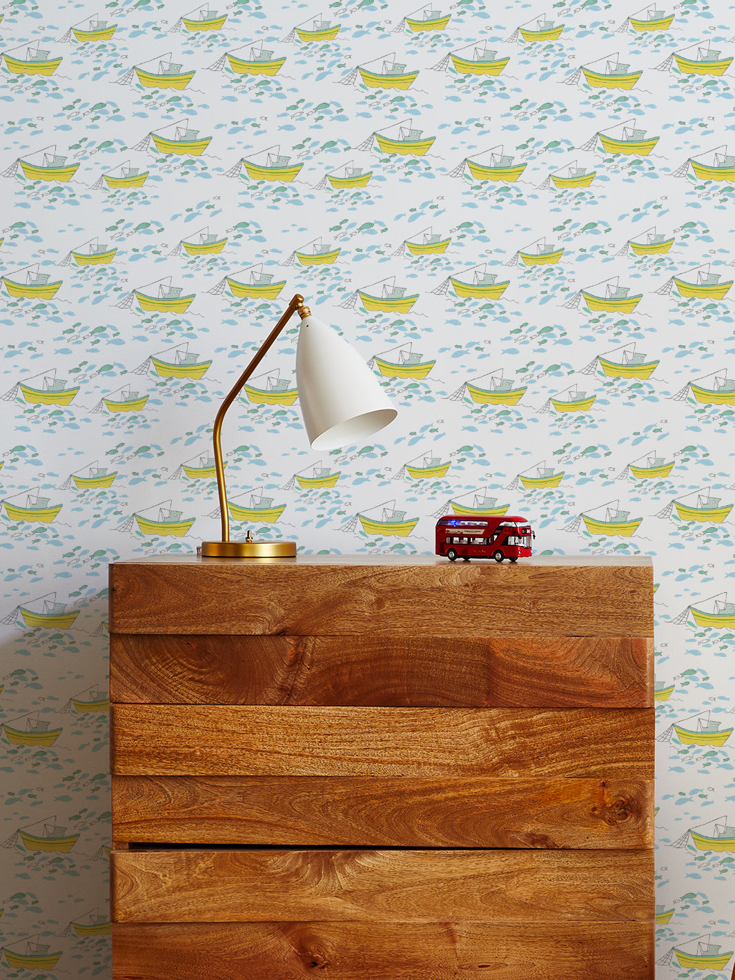 Premium White Fishing Boats Wallpaper by Tea Collection – Perfect for Coastal, Nautical & Beach-Themed Home Decor