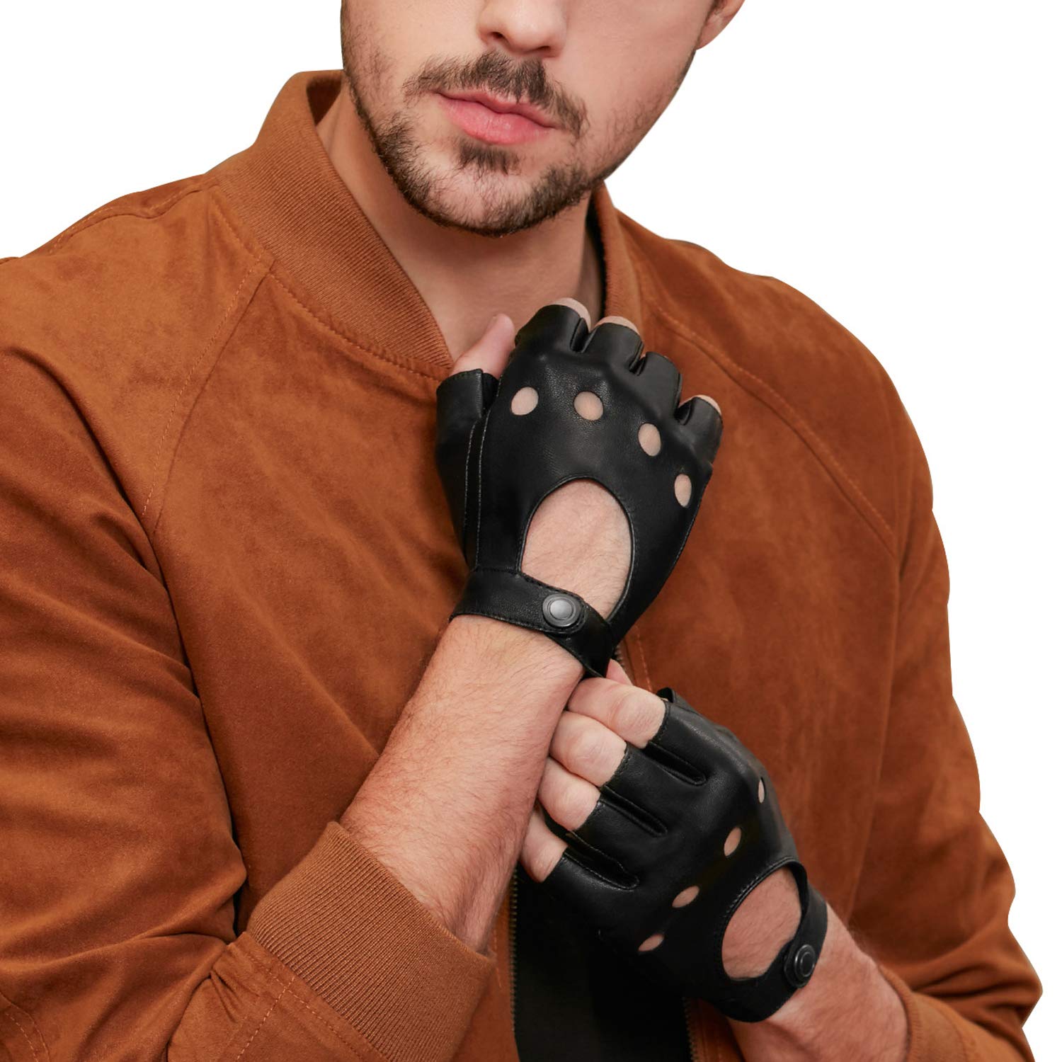 GSG Men's Fingerless Leather Gloves for Driving, Cycling & Motorcycle - Breathable Half Finger Unlined Gloves for Comfort & Grip - Perfect for Commuting, Road Trips & Outdoor Sports