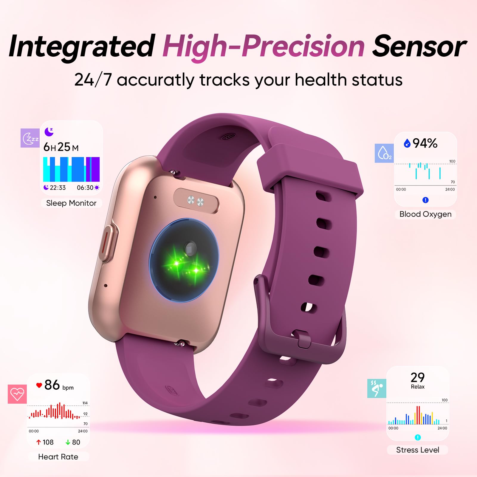Fitpolo W208 Smart Watch for Women - Fitness Tracker with Heart Rate Monitor, Sleep Tracking, Compatible with Android & iPhone, Pink & Purple - Perfect for Workouts, Running & Daily Activity Tracking