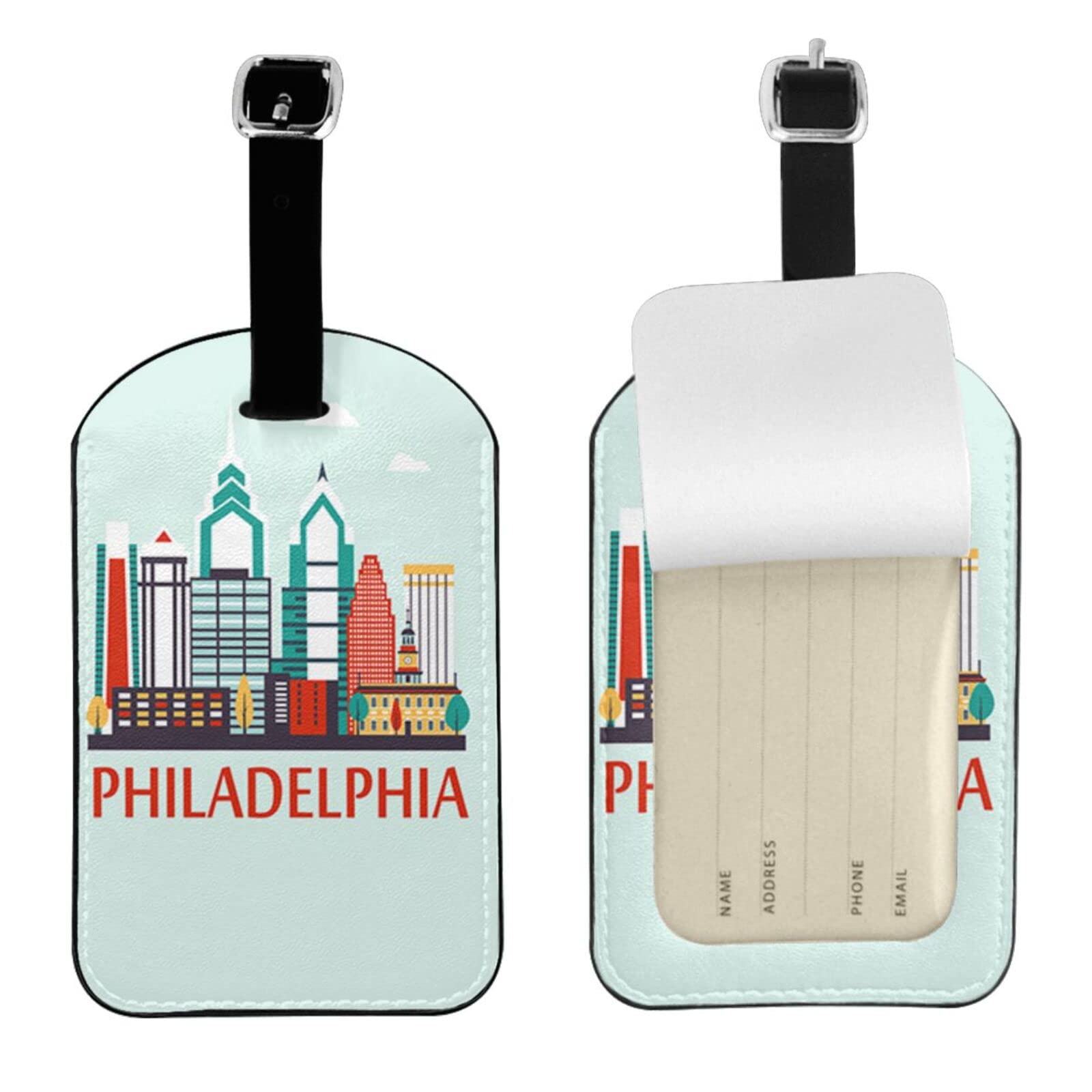 Wozukia Philadelphia Pennsylvania Luggage ID Tag - White High-Rise Buildings with Blue Sky Design, Leather Travel Accessories for Suitcases & Bags | Perfect for Airports, Business Trips & Vacation Travel