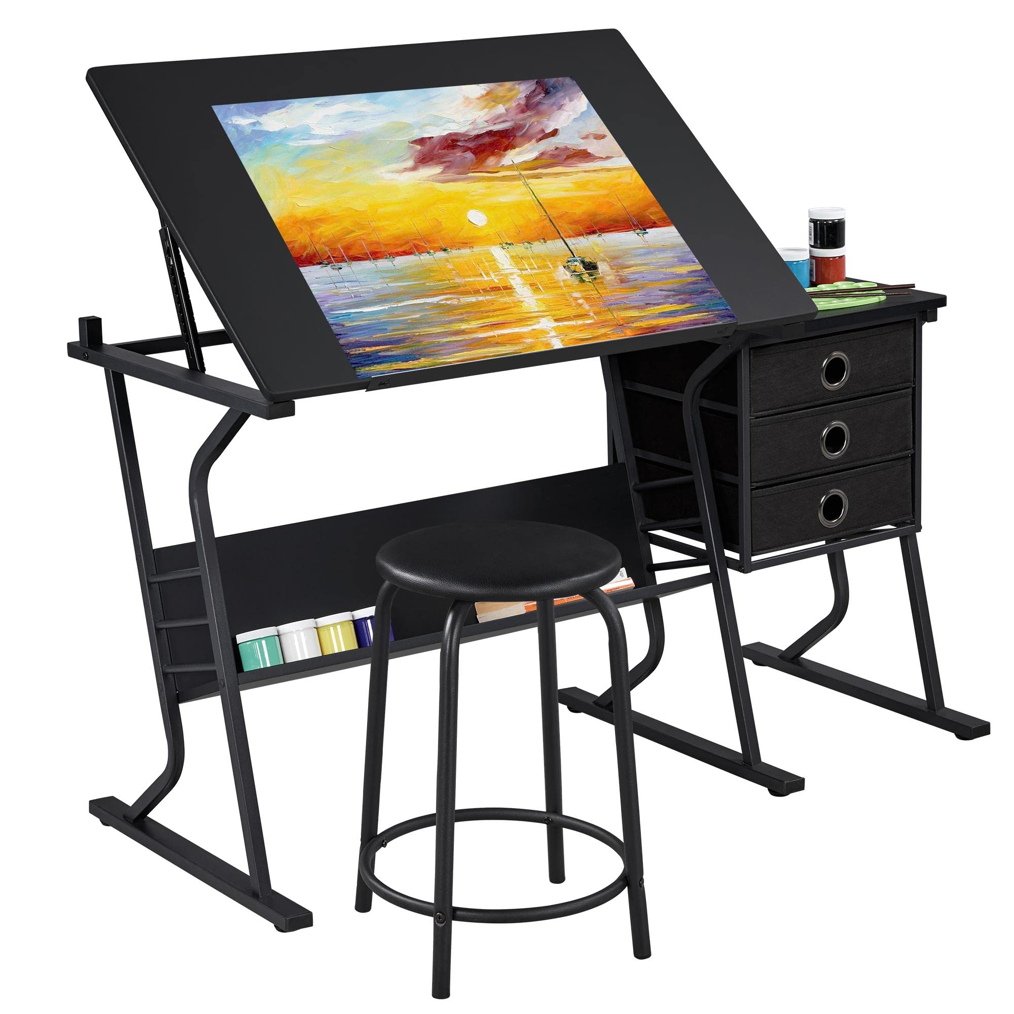 Yaheetech Adjustable Drafting Table for Artists & Adults - Drawing Desk with Stool & 3 Slide Drawers, Art Craft Workstation for Sketching, Painting - Perfect for Home Studio, Office & School Art Projects
