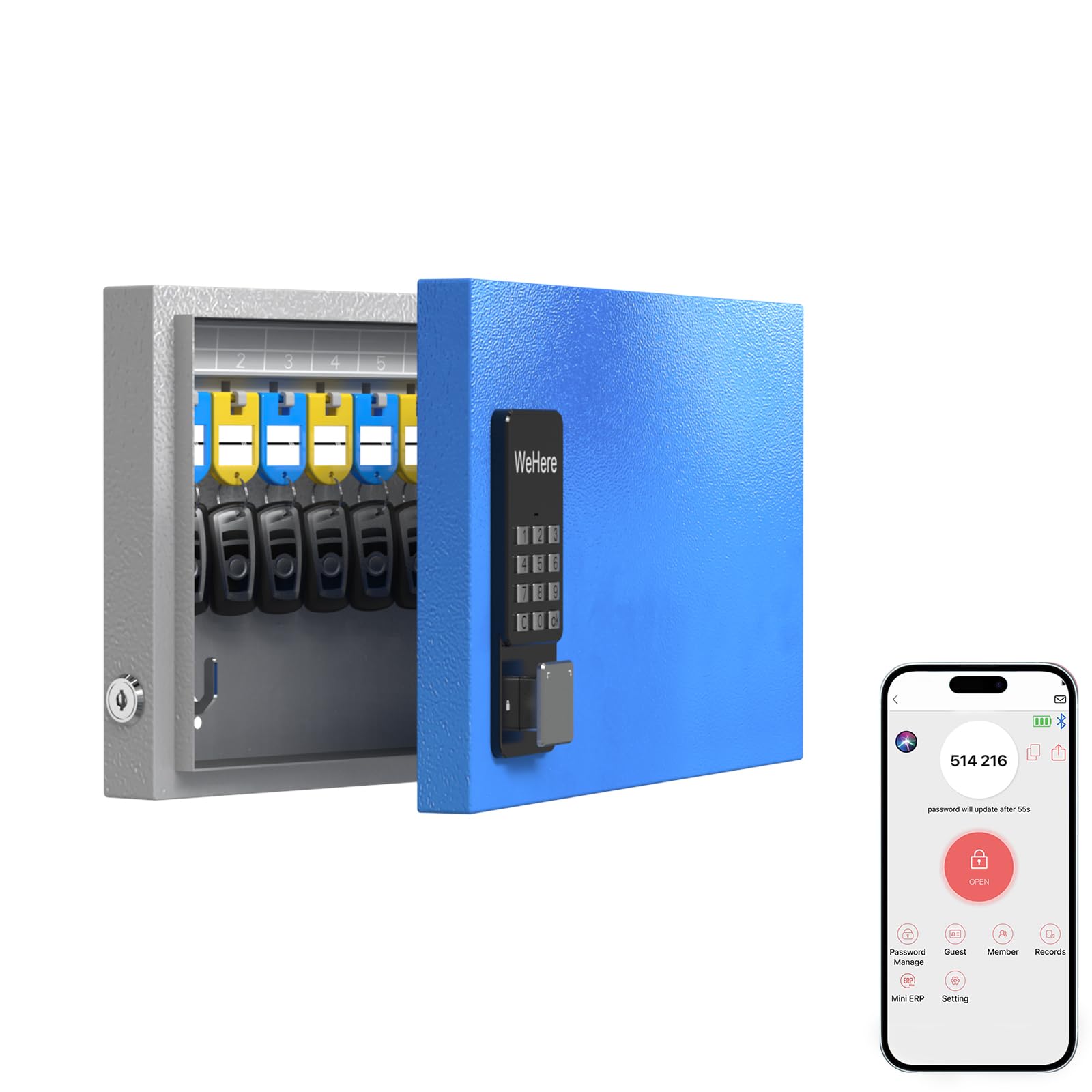 WeHere 24-Key Smart Lock Box - Wall Mount Bluetooth/Wi-Fi Key Cabinet with APP Control, One-Time Password Sharing & Fixed Code for Secure Key Management - Ideal for Apartments, Hotels, Offices & Home Key Organization