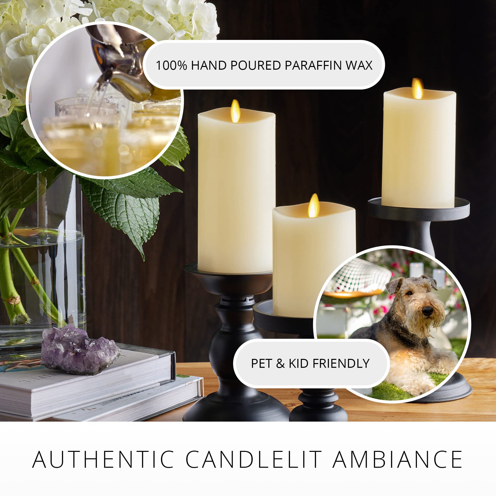 Luminara Realistic Flameless LED Candles - Set of 3 Ivory Pillar Candles with Remote Control, Moving Flame Effect, Timer & Melted Wax Design | Battery Operated, Safe for Home Decor, Weddings, Dining & Relaxation
