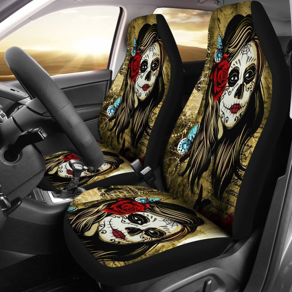 2 Pcs Sugar Skull Girl Car Seat Covers - Gothic Decor for Halloween, Day of the Dead - Perfect for Car, Truck, Office Chair & Home Decor