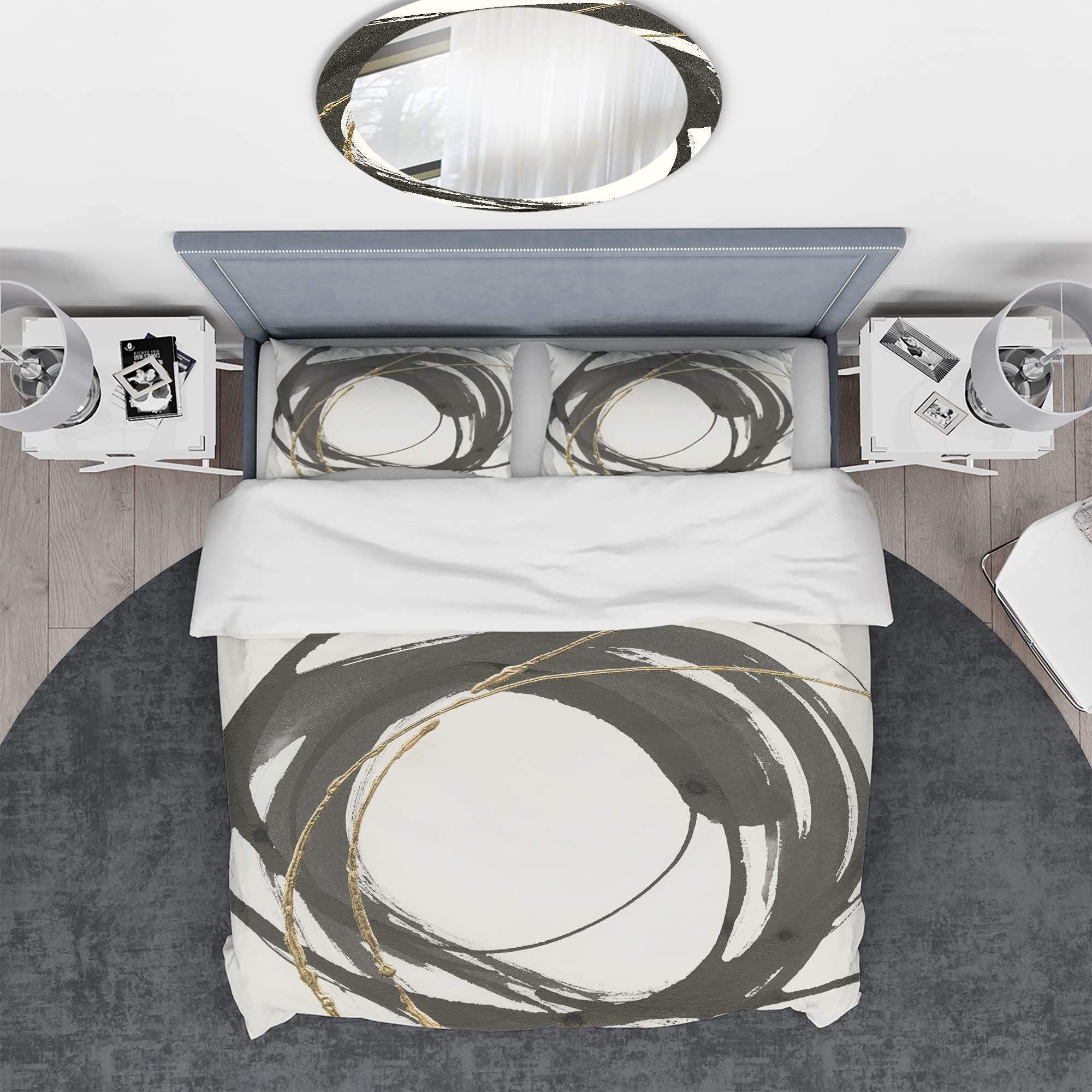 DesignQ Gold Glamour Circle Modern Contemporary King Duvet Cover Set - 3 Piece Abstract Bedding in Black | All Season Luxury Bedroom Decor for Master Bedroom & Guest Room