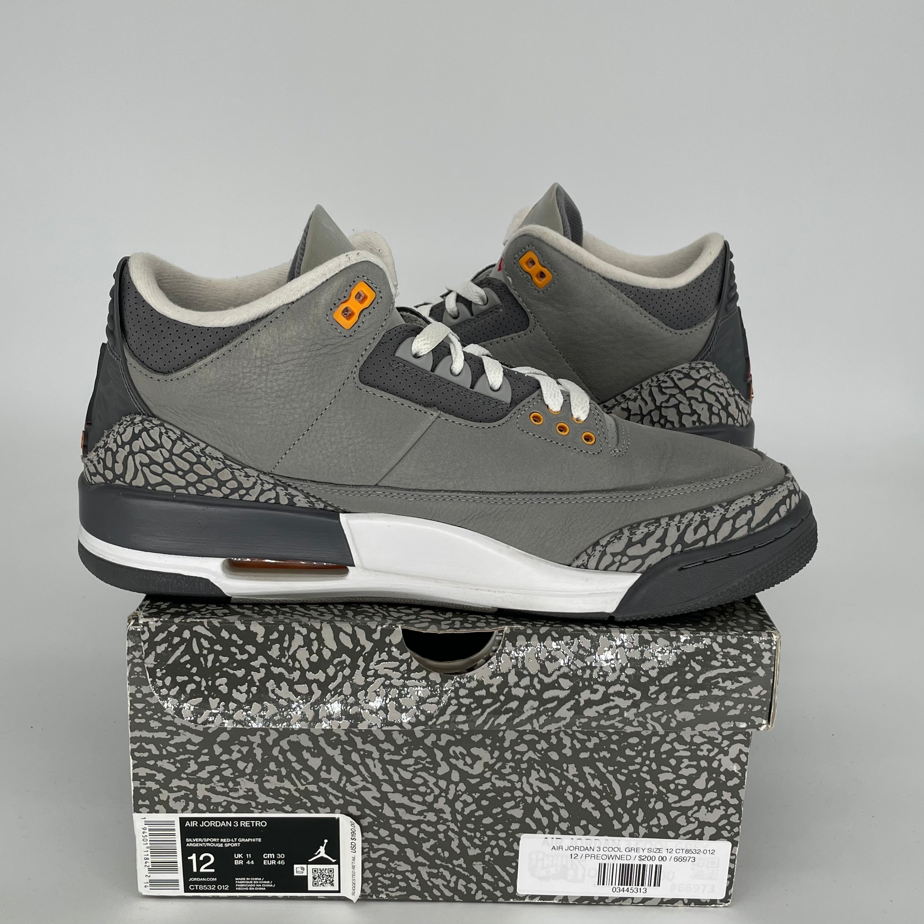 AIR JORDAN 3 COOL GREY Men's Basketball Shoes Size 12 - Retro Style Sneakers CT8532-012 for Casual Wear, Street Fashion & Sports Performance