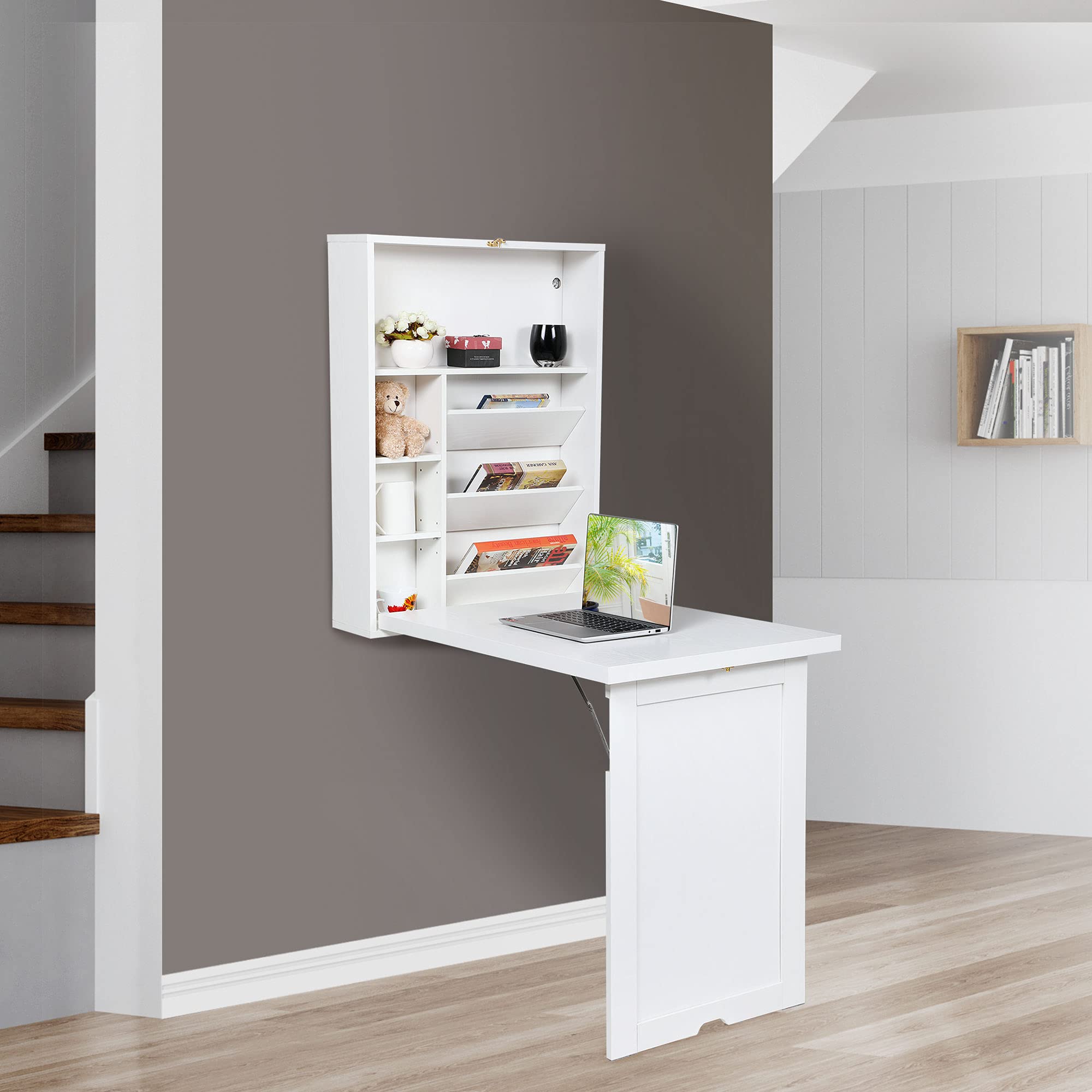 Space Saving Wall Mounted Fold Out Convertible Desk - White Floating Writing Desk with Storage Shelves | Home Office Laptop Workstation | Perfect for Small Spaces & Modern Workspaces