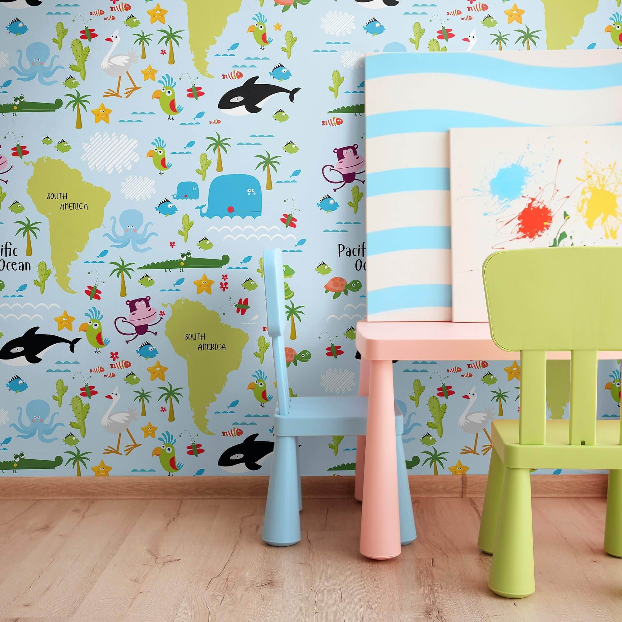 Blue Wildlife Children's Peel and Stick Removable Wallpaper - Self-Adhesive Nursery Decor for Kids Room, Bedroom, Playroom - Easy to Apply & Remove Wall Decals (6350) - Perfect for Nursery, Playroom & Kids Bedroom Decor