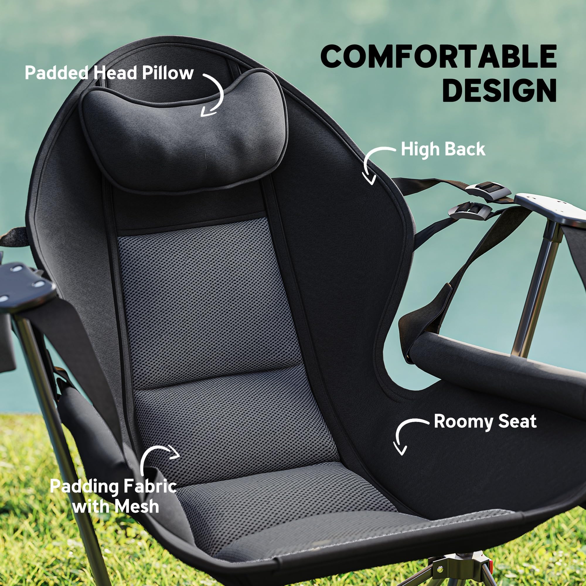Outsunny Double Hammock Camping Chair - Adjustable Folding Rocking Chair with Cup Holder, Headrest & Padded Seat - Portable for Travel, Sports Events, Concerts, Backyard & Beach Relaxation - Black