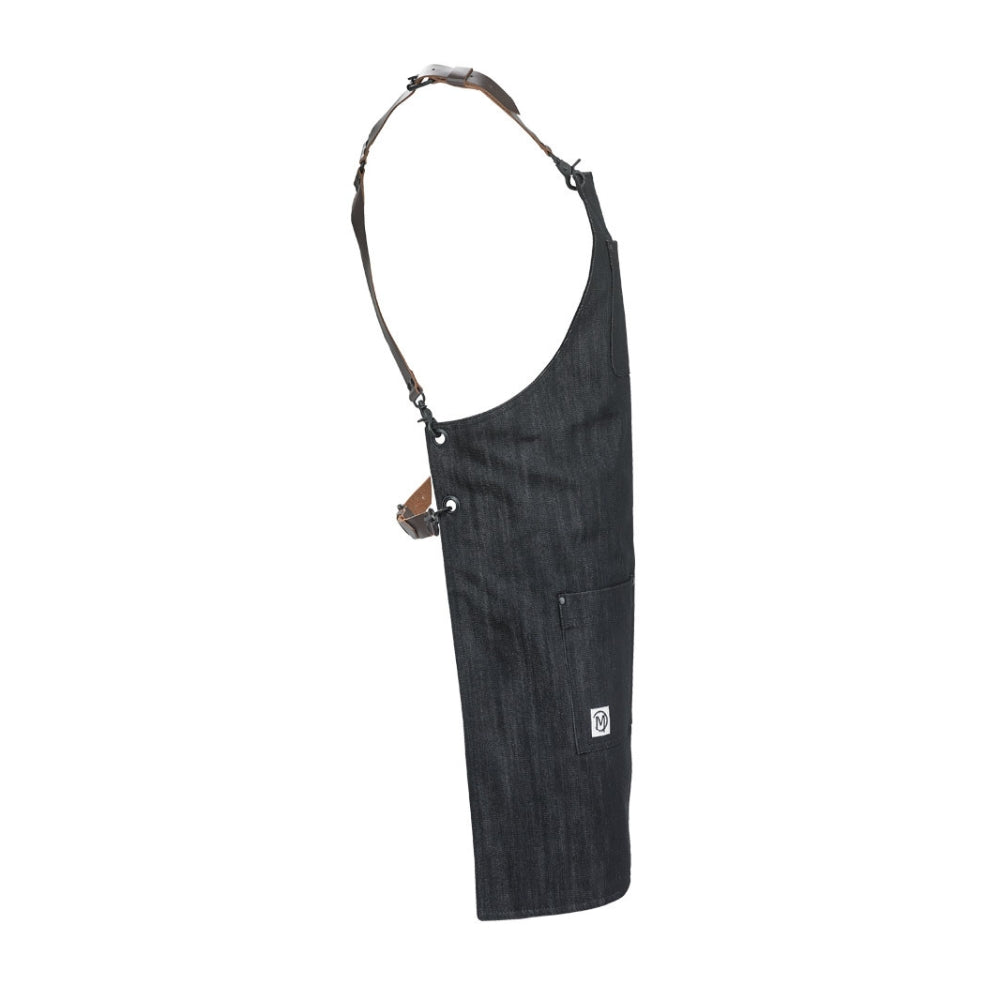 Mercer Culinary Renegade Black Denim Bib Apron with Brown Leather Straps - Professional Chef Apron for Cooking, Grilling & BBQ - Perfect for Restaurants, Catering & Home Kitchen Use