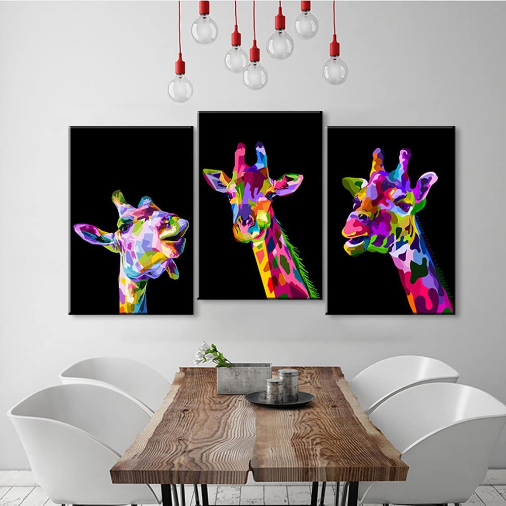 3-Piece Pop Art Giraffe Canvas Wall Decor Set - Modern Animal Wall Art for Living Room & Bedroom - Ready to Hang (12x16 Inches) - Perfect for Home, Office, or Nursery Decor
