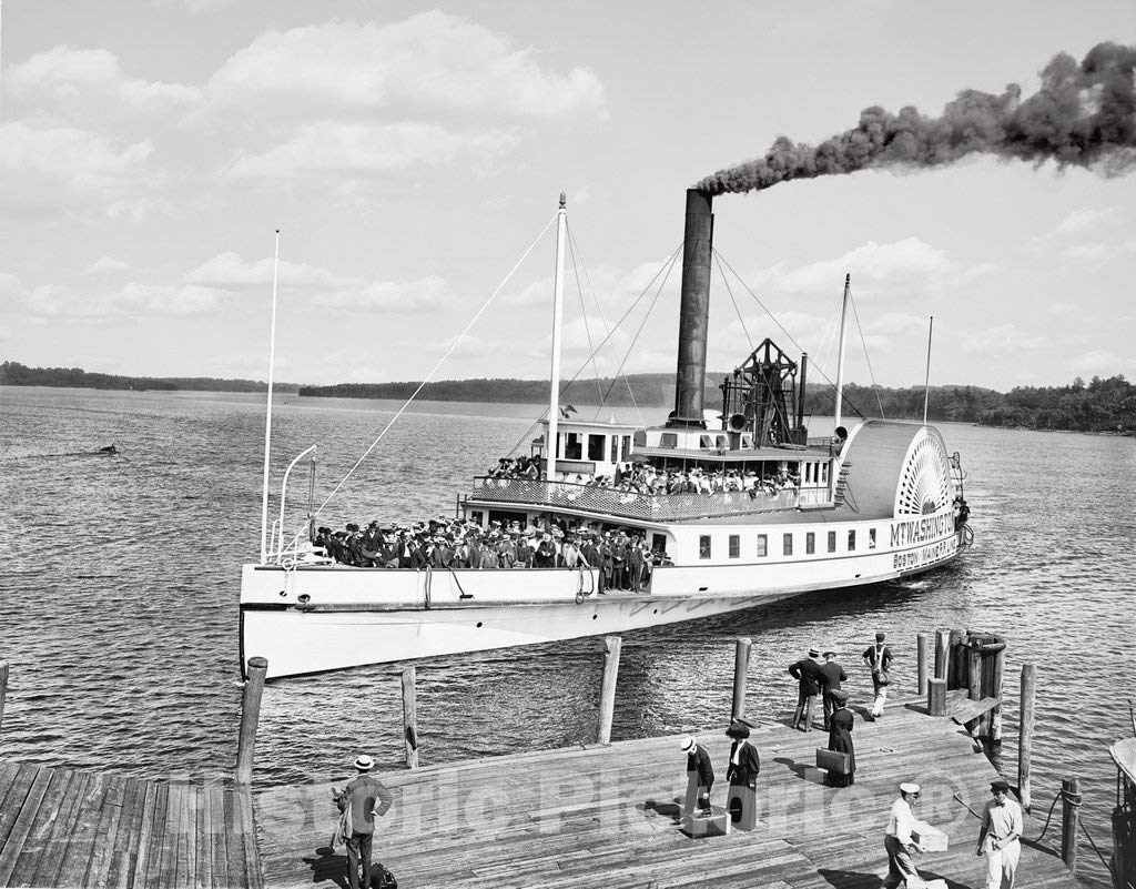 Vintage 1906 Black & White Steamer Photo on Lake Winnipesaukee at Weirs Beach - 44x32 Inch Historic Nautical Wall Art for Home & Office Decor