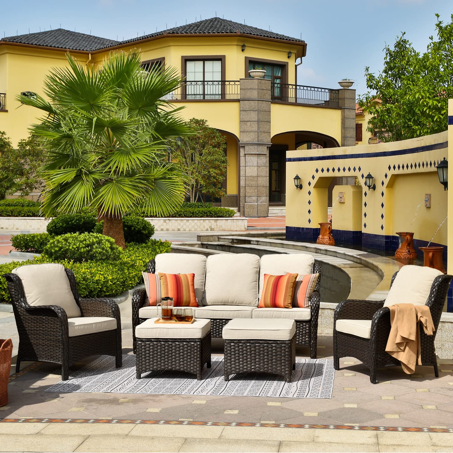 5-Piece All-Weather Wicker Patio Furniture Set with High Back Sofa, 2 Chairs & 2 Ottomans - Brown Beige Outdoor Conversation Set for Garden, Backyard, Deck & Poolside Relaxation