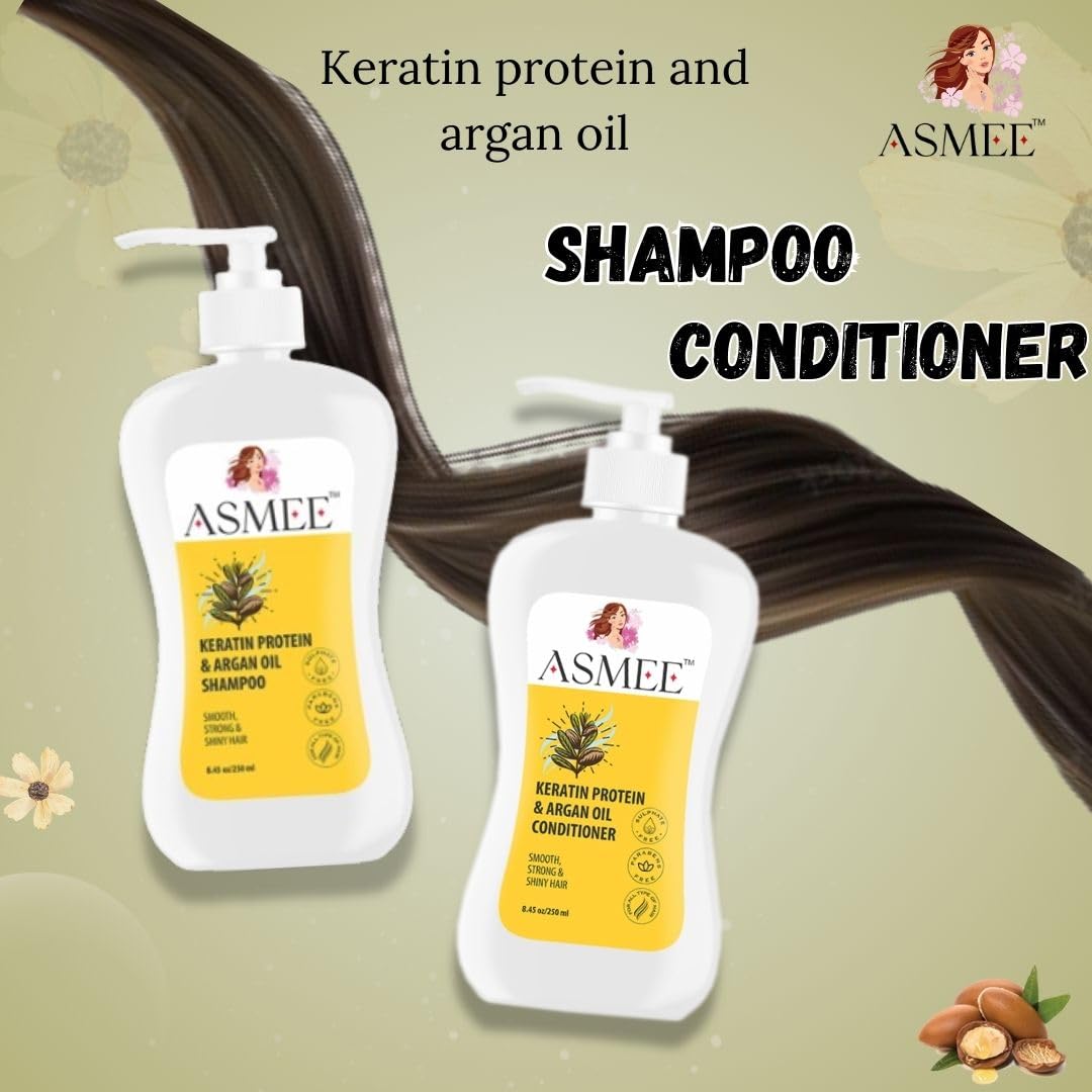 ASMEE Keratin & Argan Oil Shampoo & Conditioner Set with Lemongrass Jojoba Body Wash - Hair & Body Care Combo for Dry Damaged Hair & Smooth Skin - Perfect for Daily Shower & Salon-Quality Results