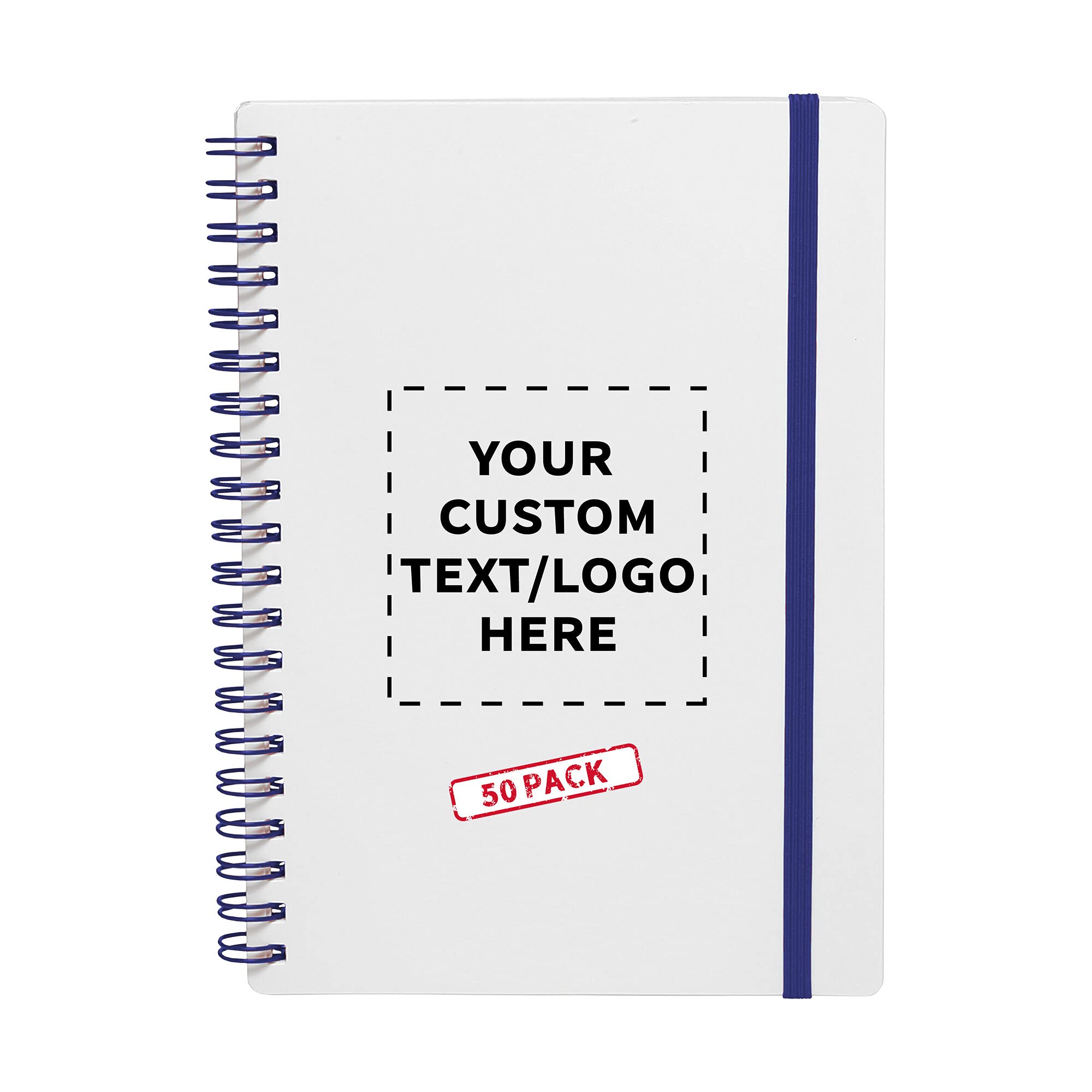 50 Pack White Spiral Notebooks with Elastic Closure - Customizable Cover Text & Logo - 80 Lined Pages, Eco-Friendly Recycled Paper - Perfect for Office, School & Journaling