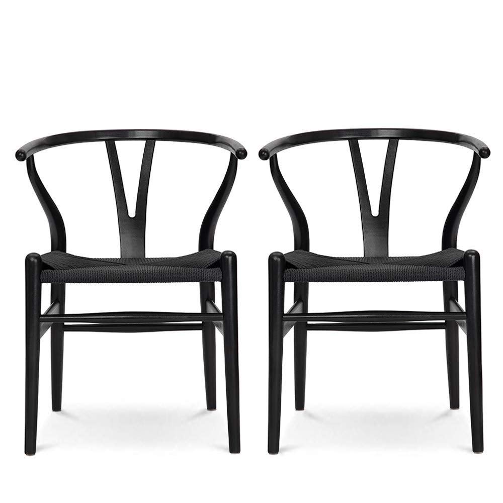 VODUR Wishbone Chair Set of 2 - Natural Solid Ash Wood Dining Chairs with Rattan Seat & Black Wooden Armrests | Hans Vegner Y Chair Design | Modern Scandinavian Home Decor for Dining Room, Kitchen or Office