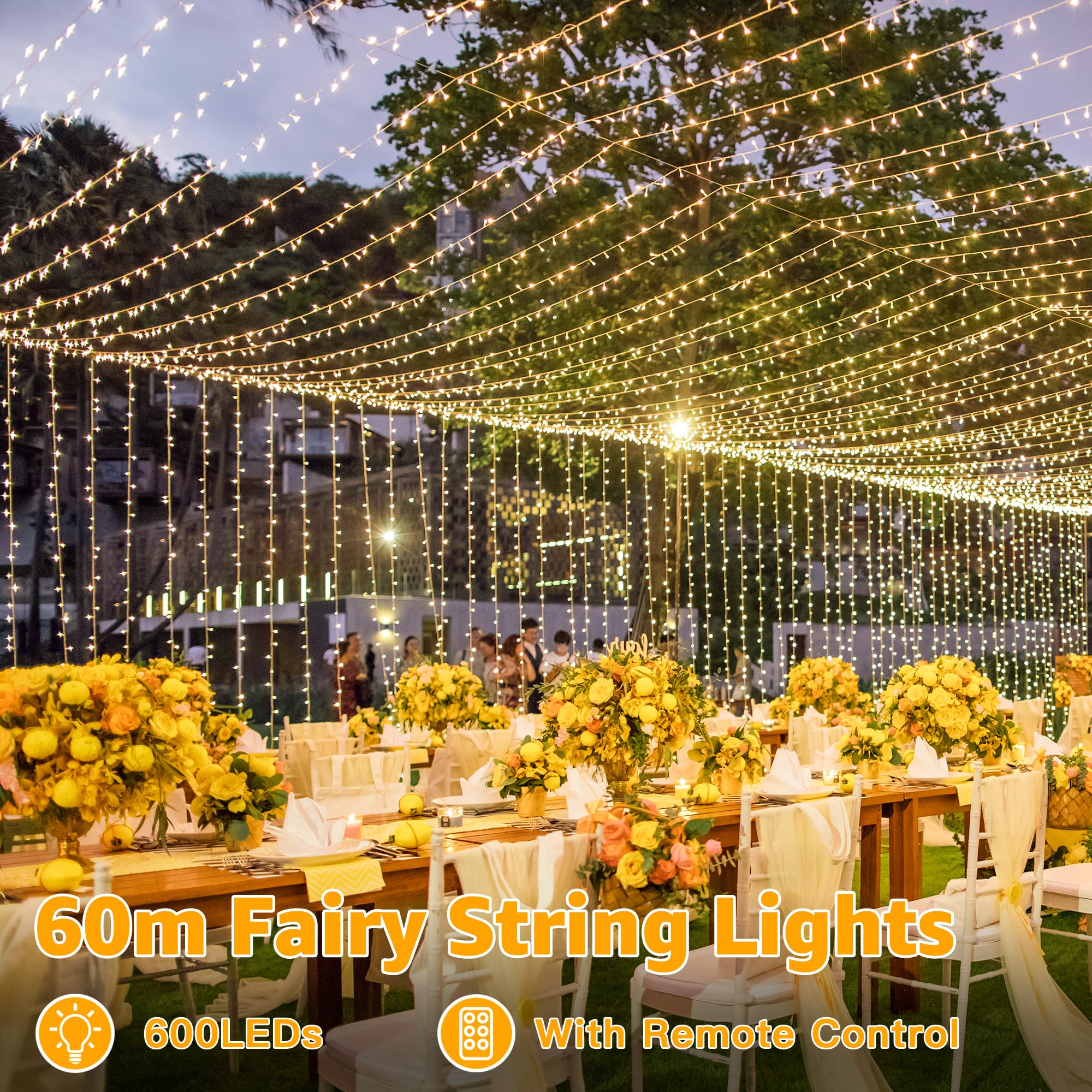 Ollny 60m 600 LED Fairy Lights Outdoor String Lights - Waterproof, Warm White, with Plug/Timer/8 Modes/Dimmable - Perfect for Garden, Wedding, Window, Indoor & Outdoor Decorations
