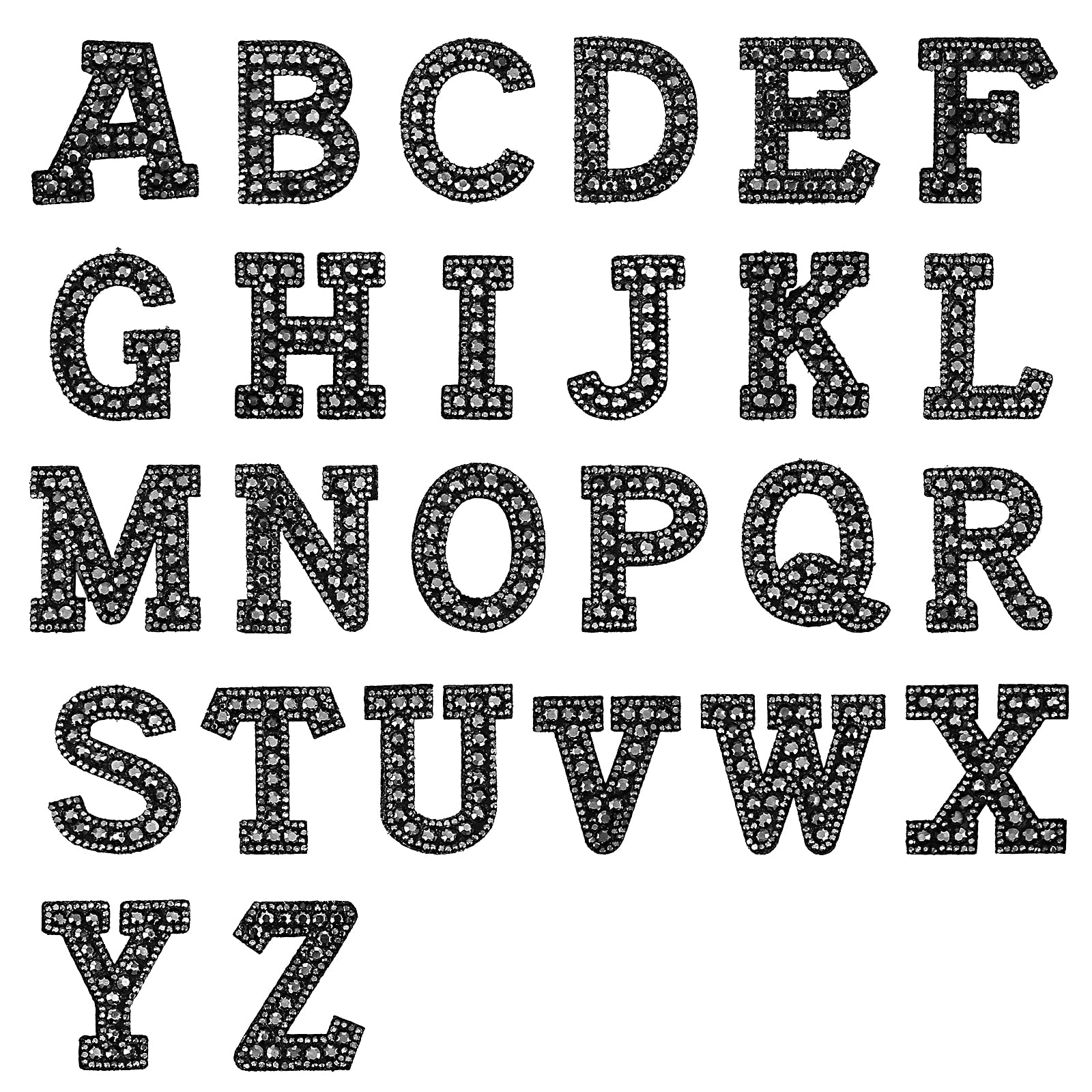 Prasacco 26 Pcs A-Z Rhinestone Pearl Glitter Iron On Letter Patches for Clothing - DIY Sewing Craft Supplies - Black Alphabet Embroidered Patches for Jackets, Hats, Bags & Denim Customization