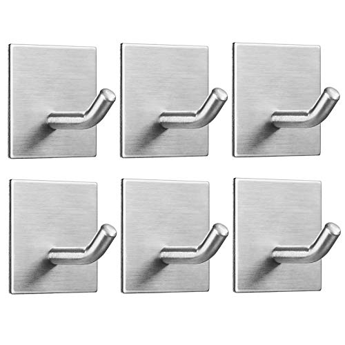 FOMANSH Heavy Duty Adhesive Hooks - 6 Pack Stainless Steel Wall Hangers for Kitchen, Bathroom, Home, Door - Strong Stick-on Hooks for Towels, Coats, Keys & Robes - Perfect for Organizing & Space Saving
