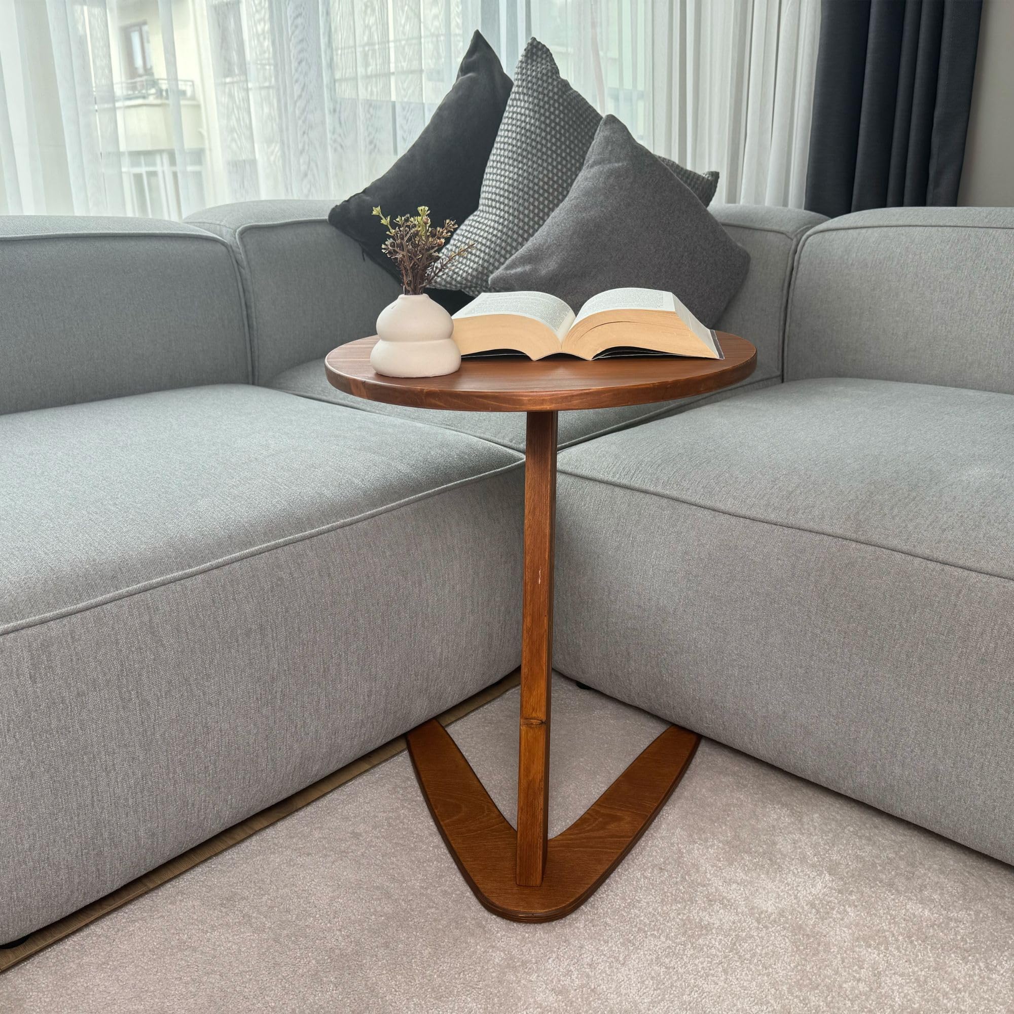 Handmade C-Shaped End Table - Rustic Chestnut Sofa Side Table for Living Room, Sliding Under Couch for Space Saving | Perfect for Small Apartments, Bedside Use & TV Snack Tray