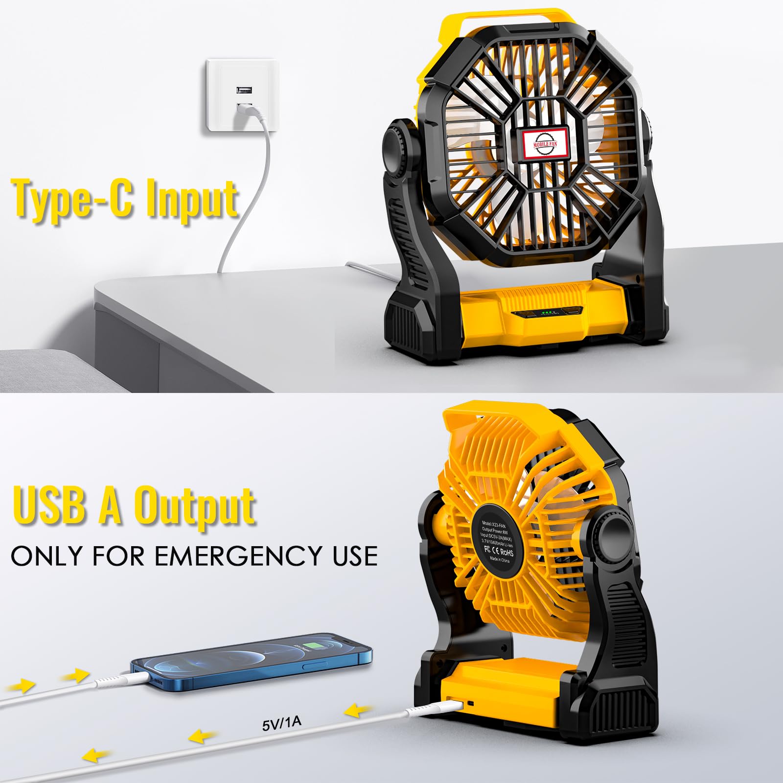Lostrain Rechargeable Camping Fan with LED Light - 36H Runtime, 10400mAh Battery, USB Portable Desk Fan - Ultra Quiet with Hanging Hook - Perfect for Outdoor Camping, Picnic, BBQ, Fishing & Travel - Yellow