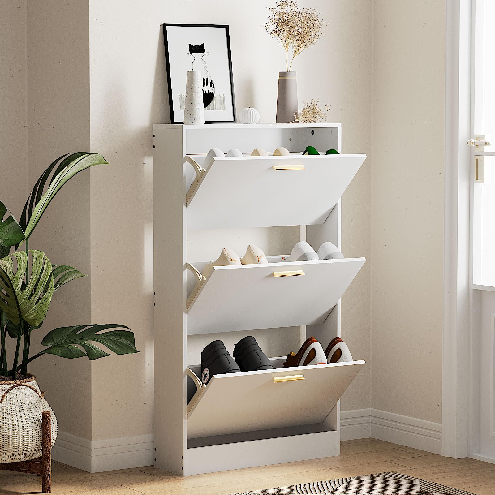 NOVAMAISON White Narrow Shoe Storage Cabinet with 3 Flip Doors - Wooden Hidden Entryway Shoe Organizer for Hallway, Bedroom & Apartment | Space-Saving Home Furniture for Small Spaces & Clutter-Free Living