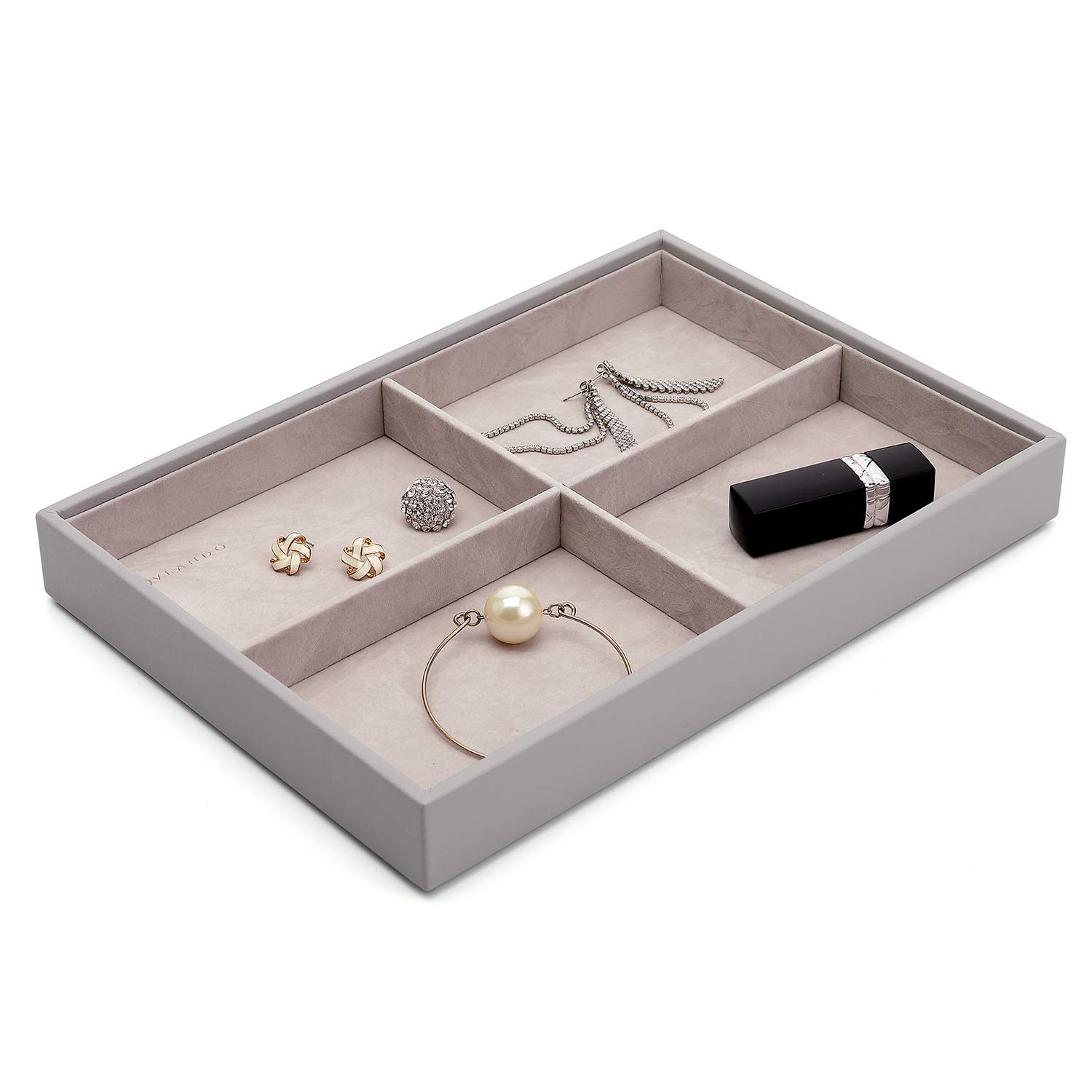 Vlando Jewelry Tray - 4-Layer Faux Leather Jewelry Organizer with Lid for Earrings, Necklaces, Bracelets & Rings - Desktop & Drawer Storage Solution for Women's Accessories - Perfect for Bedroom Vanity, Dresser Top or Travel Jewelry Case (Grey)