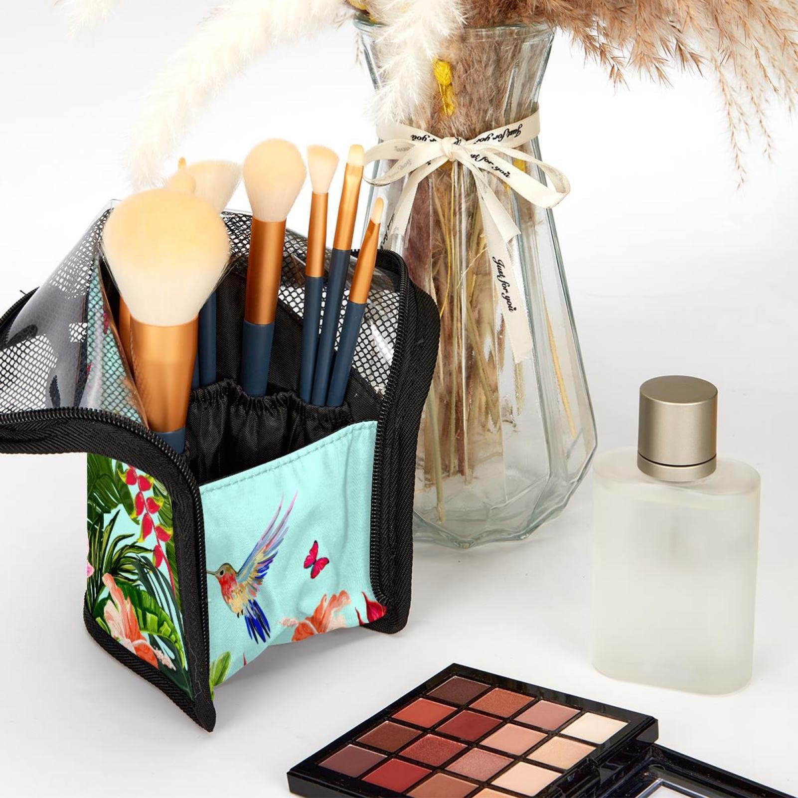 Portable Makeup Brush Organizer Bag with 12 Slots - Hummingbird Flower Palm Leaf Butterfly Design, Travel Makeup Brush Holder Case for Professional & Home Use | Perfect for Travel, Salon, and Daily Makeup Organization