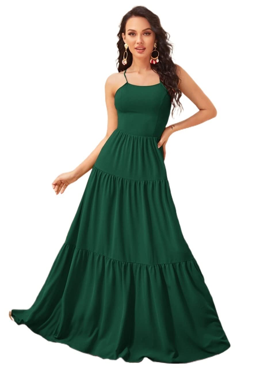 2022 Women's Summer Lace-Up Halter Tiered Ruffled Maxi Dress - Flowy Beach Dress for Vacation, Party & Casual Wear