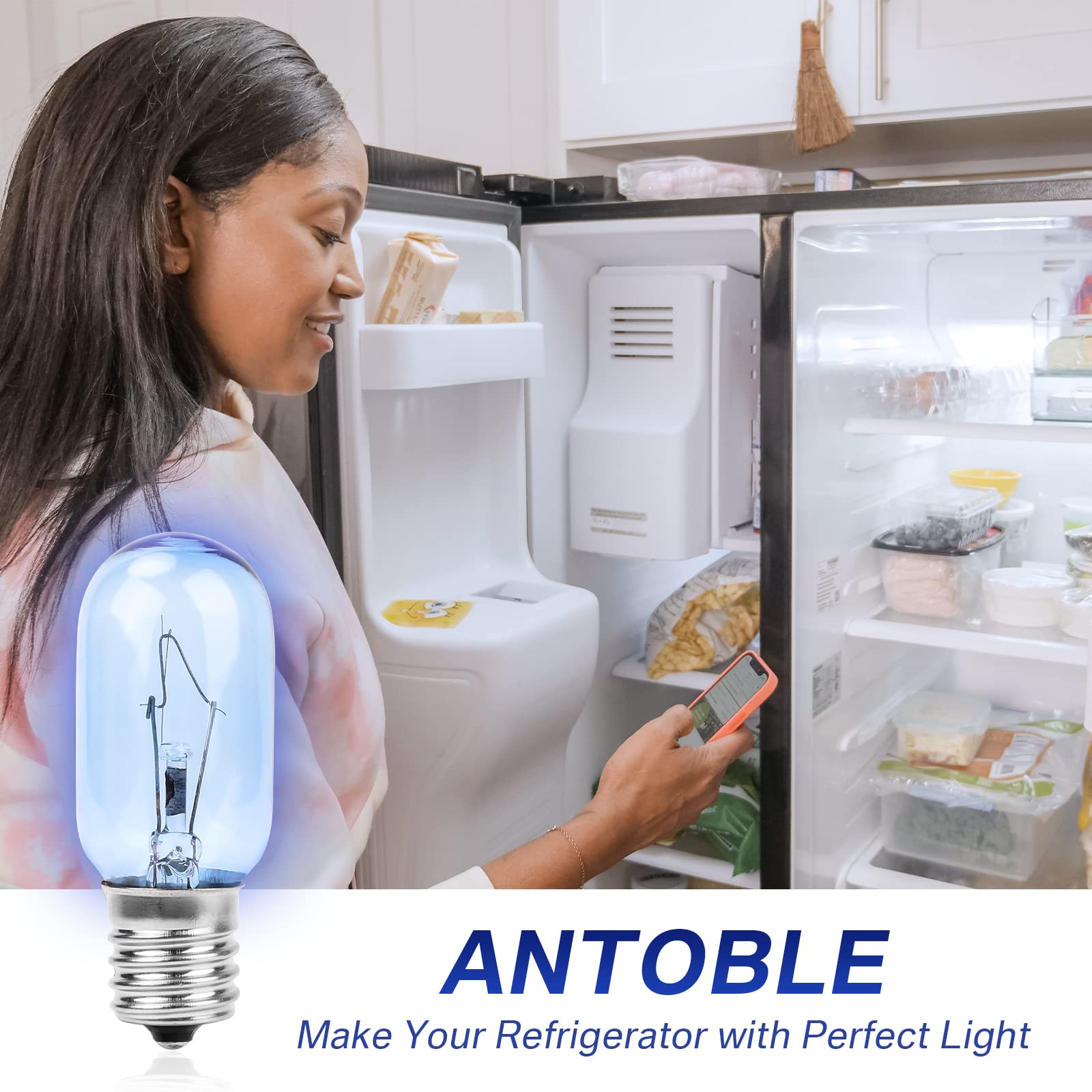 ANTOBLE 40W Refrigerator Light Bulb - 2 Pack T8 E17 Base Replacement Bulb Compatible with Frigidaire, Kenmore, Whirlpool, Electrolux & KitchenAid Fridges - Perfect for Freezer & Refrigerator Interior Lighting