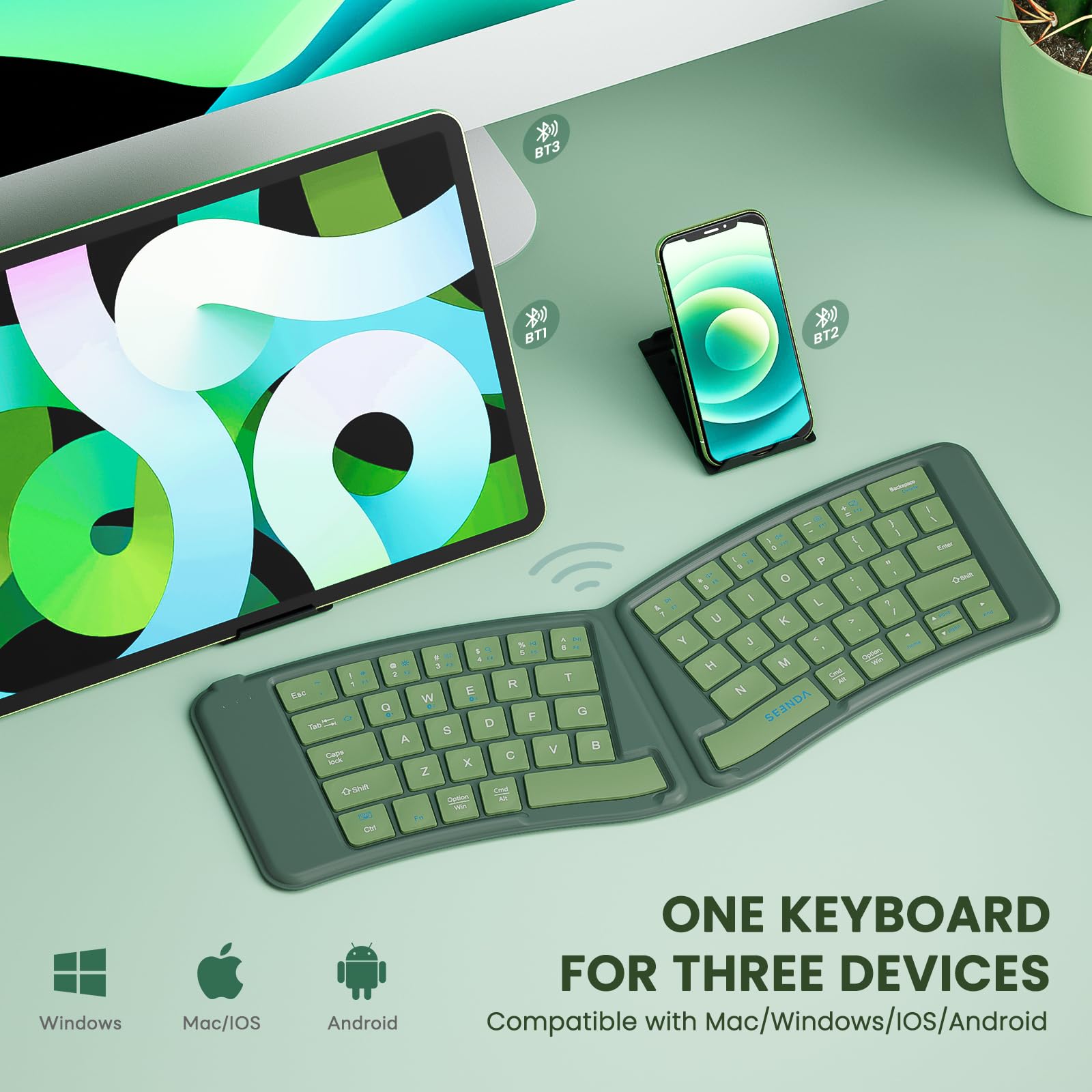Seenda Wireless Foldable Keyboard - Portable Bluetooth for Laptop, Phone, PC - Green | Travel & Office Use