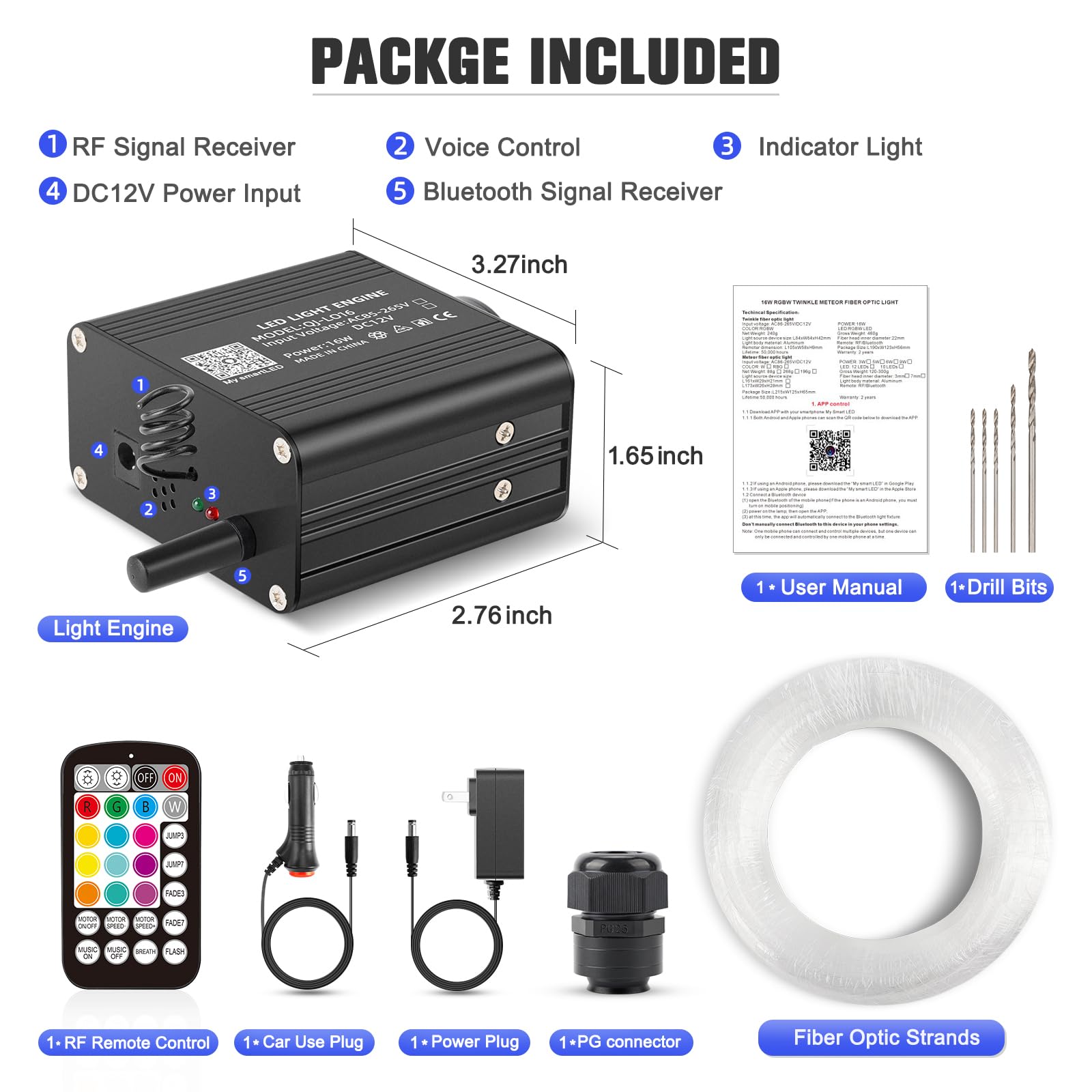 16W Twinkle Starlight Headliner Kit - 500pcs Fiber Optic Strands (0.03+0.04+0.06in x 9.8ft) with Bluetooth APP/Remote/Music Control, RGBW Star Ceiling Light Kit + Adapter + Car Plug - Perfect for Bedroom, Car Interior, Home Theater & Party Decor Lighting