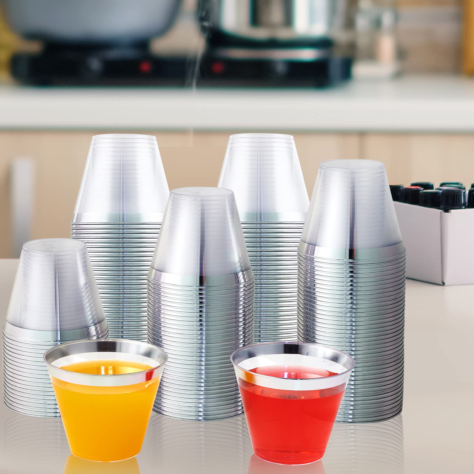 JOLLY CHEF 100 Pack 9 oz Clear Plastic Cups with Elegant Silver Rim - Disposable Silver Tumblers for Wedding, Party, Thanksgiving & Christmas - Perfect for Cocktails, Beverages and Celebrations