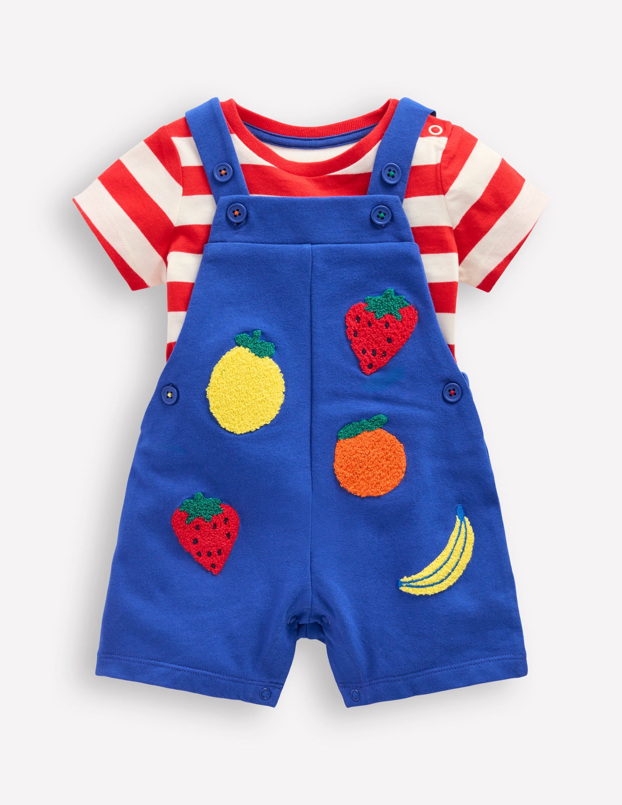 Boucle Jersey Overalls Set for Women - Navy Blue Fruit Print Jumpsuit Romper - Casual Outfit for Spring, Summer, Beach & Vacation