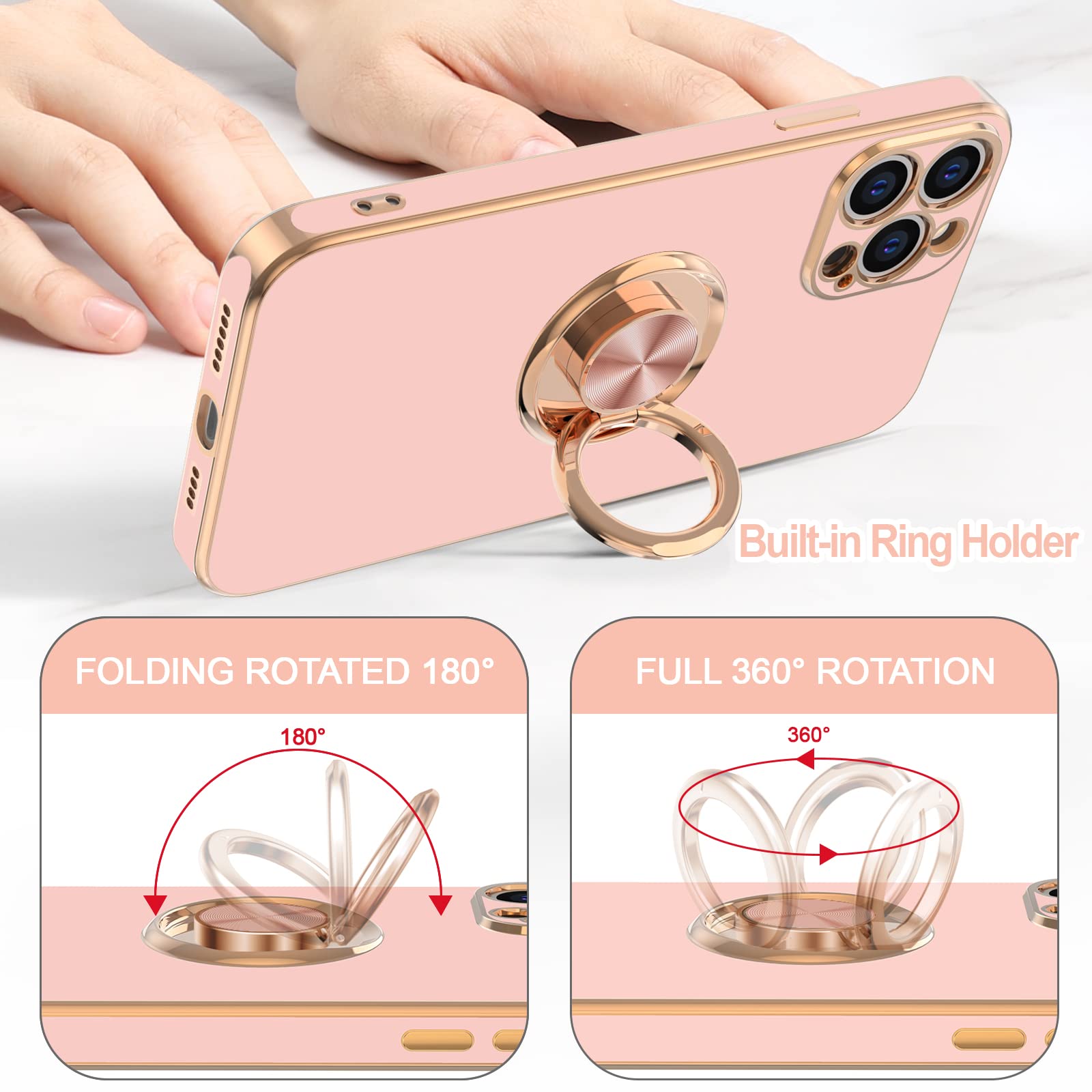 Hython Magnetic Ring Stand Case for iPhone 13 Pro Max - 360° Rotatable Kickstand, Rose Gold Plated Edge, Slim Soft TPU Protective Cover (Pink) - Perfect for Women & Girls, Ideal for Work, Travel and Hands-Free Viewing