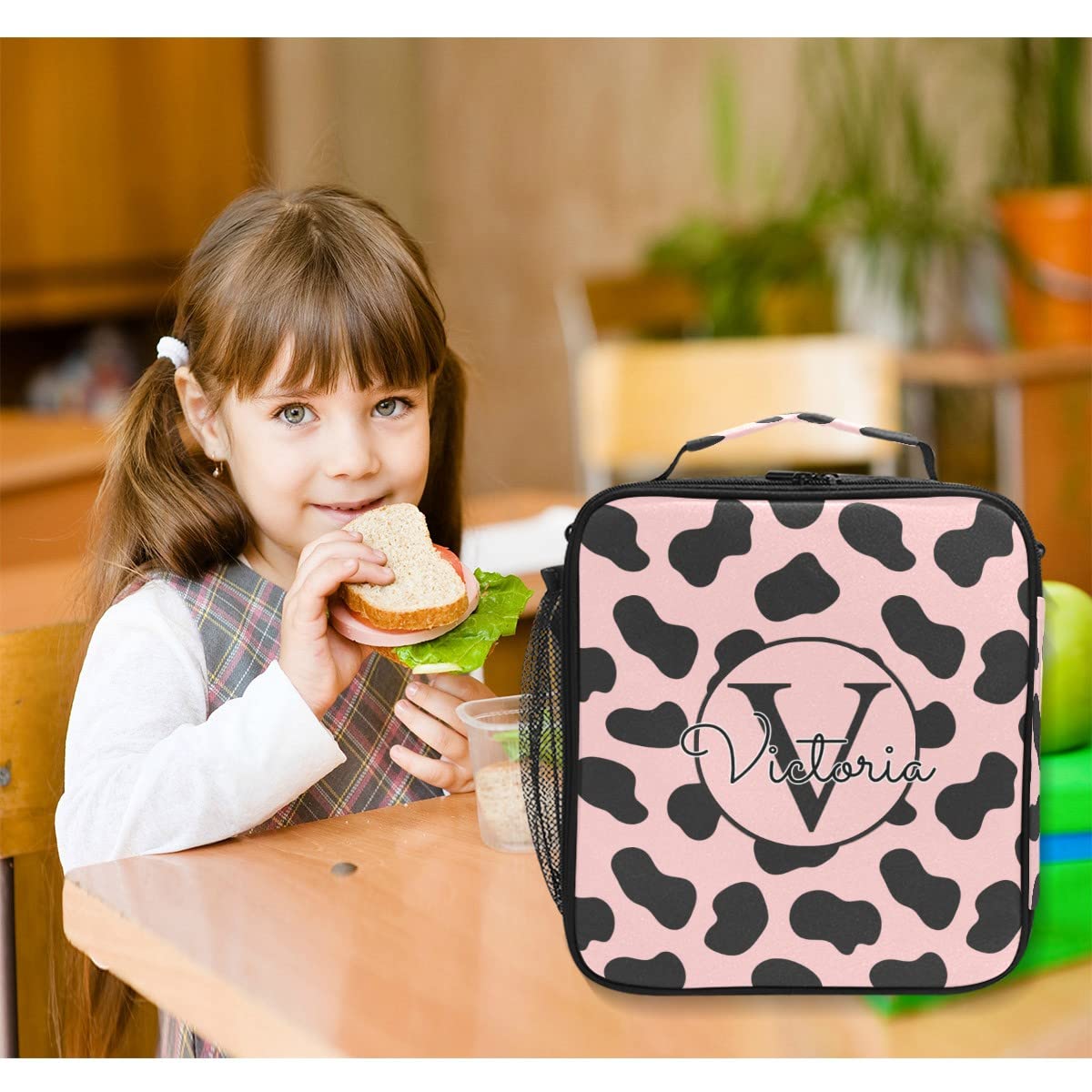 Custom Cow Print Pink & Black Insulated Lunch Bag - Reusable Double Layer Cooler with Adjustable Strap for Adults & Kids - Perfect for School, Work, Picnics & Outdoor Activities
