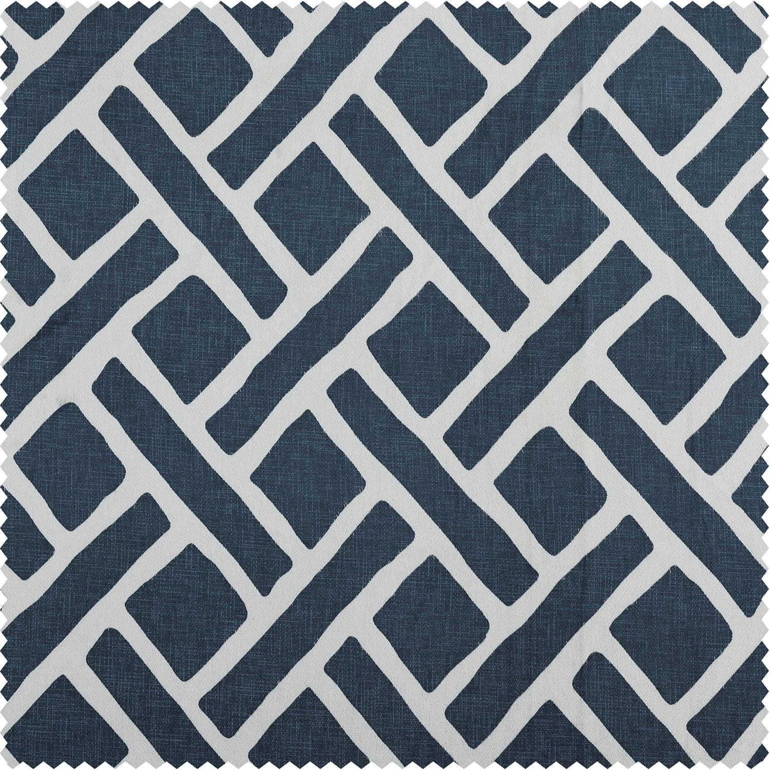 Martinique Blue Geometric Printed Cotton Custom Curtains - Premium Window Treatments for Living Room, Bedroom & Office Decor