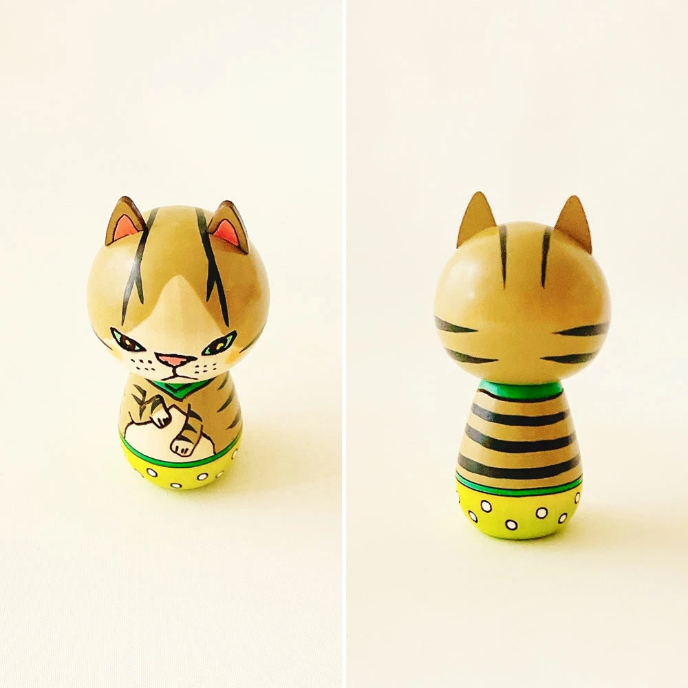 Handmade Japanese Kokeshi Doll - Traditional Tabby Cat Wooden Figurine | Home Decor, Gift for Cat Lovers, Zen & Kawaii Aesthetic