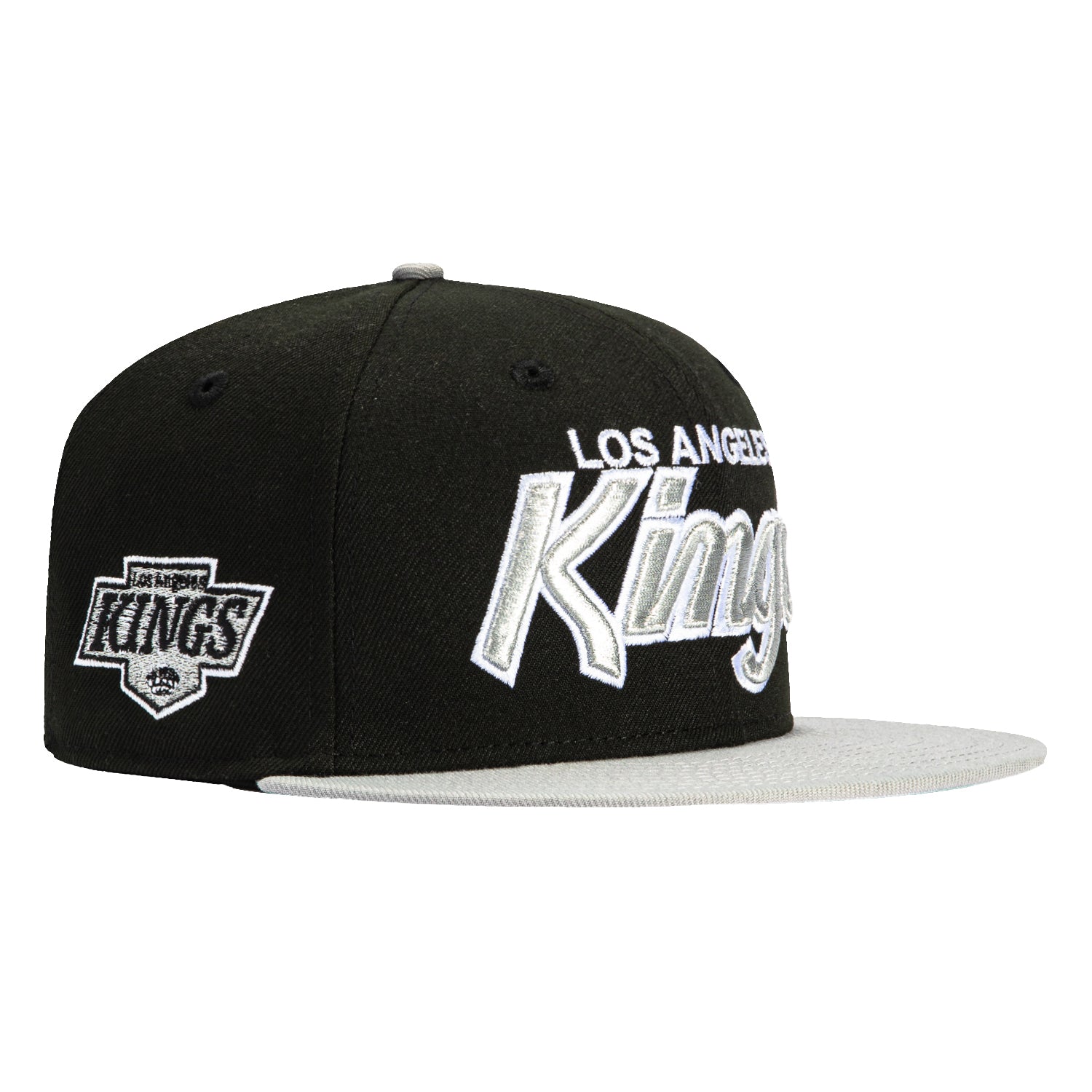 New Era 59Fifty Los Angeles Kings Logo Patch Script Hat - Black & Grey Snapback Baseball Cap for Men & Women - Perfect for Sports Fans, Game Day & Streetwear Fashion